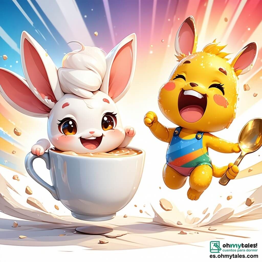 Tazi, una pequeña taza de porcelana blanca con grandes orejas y una sonrisa brillante, está dando un salto alegre hacia la línea de meta de la Gran Carrera Inversa, con ojos chispeantes de determinación y felicidad. A su lado, un cucharón de colores vivos, con una expresión divertida y ojos redondos, está congelado en una risa, sosteniendo una cucharita dorada como si estuviera listo para aplaudir a Tazi. Más lejos, una vieja tetera con una bonita decoración floral y un aire sabio observa la escena, con una sonrisa benevolente en el rostro, sosteniendo una taza de té. La escena tiene lugar en una cocina acogedora, llena de luz natural, con estanterías de madera cargadas de vajilla colorida, rayos de sol filtrándose a través de una ventana, creando reflejos brillantes en las superficies de porcelana. Tazi, en un impulso de creatividad y alegría, realiza un salto cómico, zigzagueando hacia la línea de meta, mientras los otros objetos de la cocina la animan con sonrisas y risas, creando una atmósfera festiva y llena de vida.