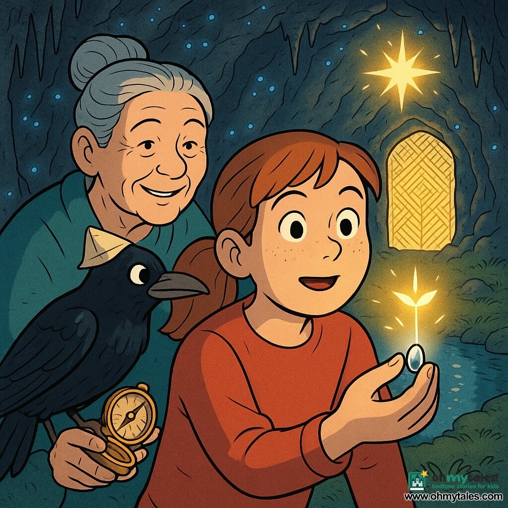 Mira, 12, round-faced with freckles and chestnut hair in a ponytail, looks awed and determined as she holds a small glowing silver seed toward a floating star above a woven door of light; Gran, about 65 with grey hair in a bun and kind lines, stands smiling behind Mira to the left holding an old brass compass; Quill, a glossy black crow with a paper hat, perches on Mira’s right shoulder watching mischievously; setting: a large mountain chamber of dark rock studded with blue-silver luminescent stones, fine sparkling stalactites, velvety moss and a small reflective pool; moment: the silver seed touches the star and opens into a tiny luminous sprout, bathing their faces in warm golden light against cool shadows, composition tight on Mira to show expressions and the seed and star.