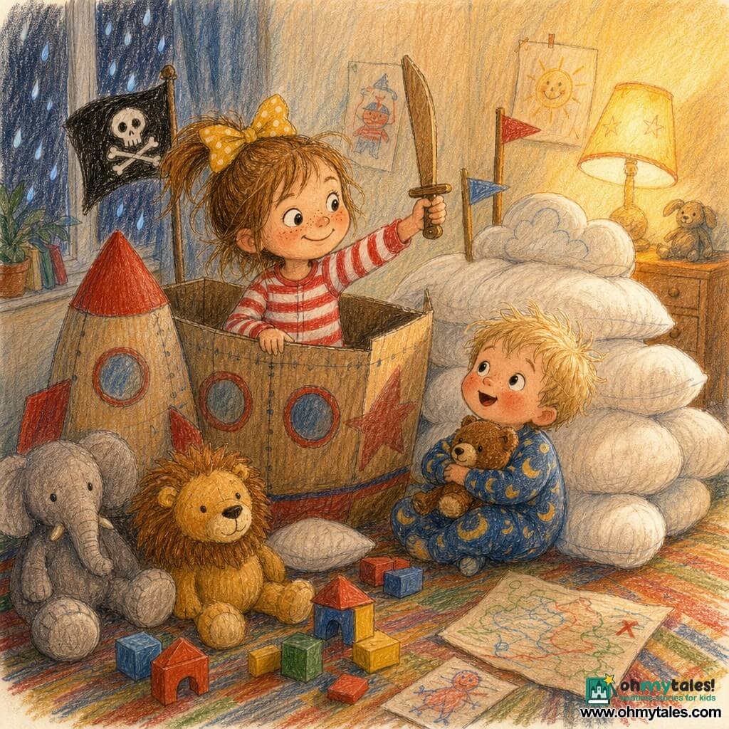 A 6-year-old girl with light brown hair tied with a big yellow bow, round face and freckles, mischievous smile, wearing red-and-white striped pajamas and brandishing a wooden sword as a pirate captain; a 3-year-old blond boy with tousled hair and a dreamy, amazed expression in blue moon pajamas holding a small teddy, sitting beside her and looking toward a pile of cushions; a bedside lamp on the right casts warm light and a few plush toys are scattered around; the room is turned into a pirate ship and cloud castle with a beige sheet as a sail and stacked white cushions as clouds, a colorful rug with blocks and scribbled cards; they play pirates and cloud castle—she laughs as captain, he hugs his teddy against the cushion cloud—joyful atmosphere, warm colors and visible pencil textures.