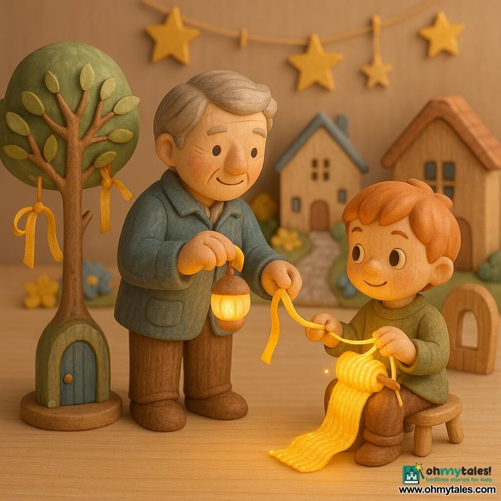 A kind, smiling, awestruck man with light grey streaked hair, wearing a blue wool jacket and brown trousers, holds a small seashell lantern glowing with soft golden light while handing a golden ribbon to a boy of about six with dawn-colored hair and wide curious eyes who sits by a wooden window knitting a luminous scarf and joyfully watching the ribbon; to their left a miniature garden tree with a thin trunk, tender green leaves, golden ribbons on its branches and a small blue door at its base; the scene is a fairy-tale miniature village on a light wooden table—painted tile roofs, a silver-paved path, yellow and blue paper flowers, paper stars strung above—warm, soft lighting, pastel colors, carved wood textures and hand-painted details.