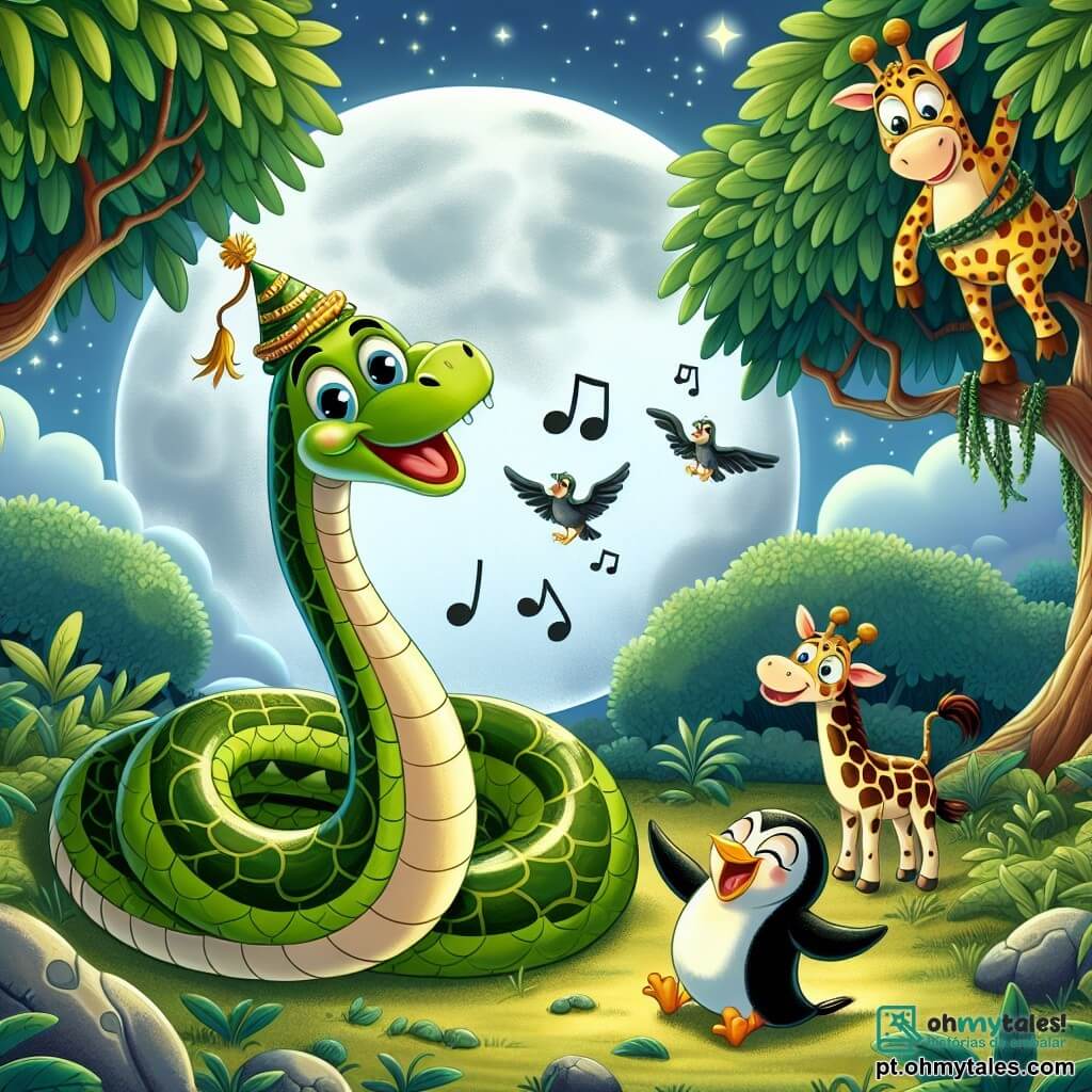 Um serpente chamado Sussu, com escamas verdes brilhantes e olhos curiosos, se esgueira alegremente entre as folhas de uma clareira, com um largo sorriso no rosto. Ao lado dele, Liza, uma girafa com manchas douradas, se inclina curiosa, seus grandes olhos redondos observando o ambiente, enquanto Rufus, um pinguim com penas pretas e brancas, desliza desajeitadamente pelo chão, rindo de suas próprias quedas. O local é uma clareira encantada, banhada pela luz prateada da lua, cercada por árvores frondosas com ramos baixos, e no centro, uma grande pedra coberta de musgo onde está um sapo gigante, vestindo um pequeno chapéu brilhante, pronto para cantar. A situação principal mostra Sussu e seus amigos descobrindo o Sapo Cantarolante, que se prepara para dar um espetáculo musical hilário, preenchendo o ar com melodias alegres e risadas contagiosas.