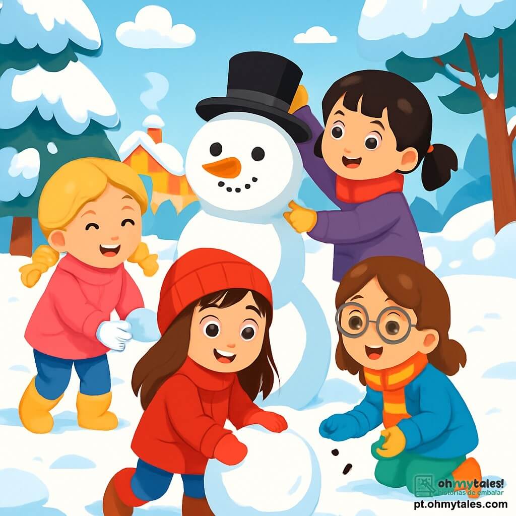 Há 4 crianças: - Ana: uma menina de 5 anos, com cabelos longos e castanhos e olhos brilhantes. Ela usa um casaco vermelho vivo e um gorro combinando. Ana está no centro, fazendo uma grande bola de neve. - Bela: uma menina de 5 anos, com cabelos loiros trançados e um sorriso radiante. Ela usa um casaco rosa e luvas brancas. Bela está à esquerda, moldando formas de neve com as mãos. - Clara: uma menina de 5 anos, com cabelos castanhos e óculos redondos. Ela usa um casaco azul e um cachecol listrado. Clara está à direita, coletando pedrinhas para os olhos do boneco de neve. - Dora: uma menina de 5 anos, com cabelos negros e tranças. Ela usa um casaco roxo e botas forradas. Dora está atrás do boneco de neve, segurando um chapéu acima da cabeça, pronta para colocá-lo. O cenário é um jardim coberto de neve, cercado por árvores com galhos carregados de neve brilhante. O chão está coberto por uma espessa camada de neve branca, e o céu é de um azul brilhante, com algumas nuvens fofas. Ao fundo, há uma casa aconchegante com fumaça saindo da chaminé. A cena principal mostra as quatro amigas construindo um alegre boneco de neve, com risos e sorrisos em seus rostos. O boneco de neve é decorado com uma cenoura para o nariz, pedrinhas para os olhos e um bonito chapéu.