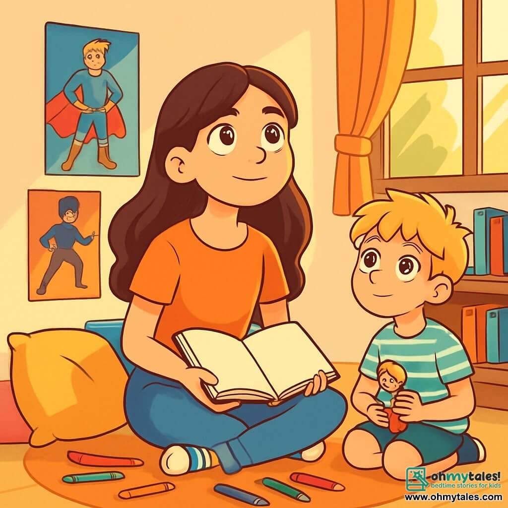 A 12-year-old girl with long brown hair and sparkling eyes is sitting on the floor of her room, surrounded by colorful cushions. She has an expression of hope and determination on her face, holding an open journal on her lap, with colored pencils scattered around her. Next to her, her 8-year-old brother Leo, with messy blond hair and a striped t-shirt, looks at his sister with curiosity, holding a small toy in his hands. The room is decorated with superhero posters and books stacked on a shelf, with a ray of golden light filtering through the window, illuminating the space. The main scene shows the girl gathering courage to write her thoughts and feelings, while her brother silently encourages her, creating an atmosphere of family support and understanding.