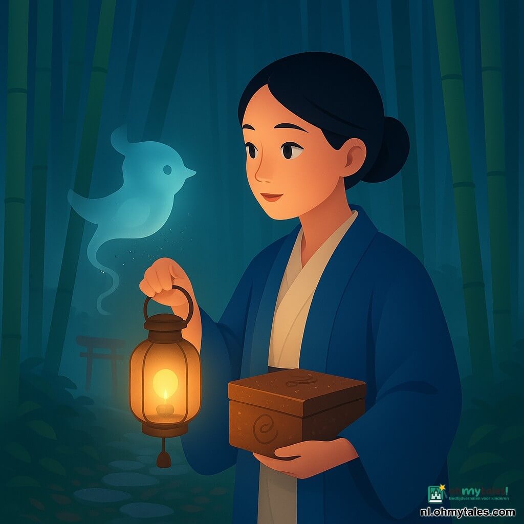 Een jonge vrouw (ongeveer 22–28) met zwart glad haar in een lage knot draagt een indigo haori en crèmekleurig kimono en houdt een koperen lantaarn die haar rustige, nieuwsgierige gezicht warm verlicht; een klein niet‑menselijk nevelgeestje, vaag vogelvormig zonder vleugels, parelgrijs doorschijnend met blauwe gloed, drijft voor haar en sleept een nat houten belletje, speels en verlegen; een gelakte houten kist met dauwdruppels en een eenvoudig oud gegraveerd symbool ligt in haar handen; ze staat op een stenen pad aan de rand van een bamboebos ’s nachts met hoge groene stengels, vochtige bladeren, een deels zichtbaar rood torii en kronkelende witte mist; ze tilt de kist licht naar het geestje dat met een lichttrilling antwoordt, de mist fonkelt en het belletje klinkt zacht.