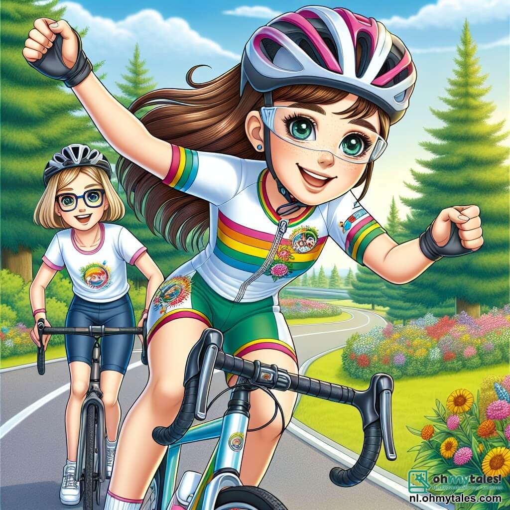 Een 12-jarig meisje, Lina, met lange bruine haren in een paardenstaart, draagt een kleurrijke fietsoutfit en een helm. Ze heeft een grote glimlach op haar gezicht, vol opwinding en vastberadenheid, terwijl ze snel op haar fiets rijdt, met uitgestrekte armen en fonkelende ogen van enthousiasme. Naast haar moedigt Emma, een ander 12-jarig meisje met kort blond haar en een bril, haar aan met een zelfverzekerde glimlach. Ze draagt een sportshort en t-shirt en staat iets achteraan, klaar om Lina te volgen in de race. De omgeving is een buiten fietsparcours, omgeven door groen, met majestueuze bomen en kleurrijke bloemen langs het pad. De lucht is blauw en zonnig, wat een vrolijke en dynamische sfeer creëert. De hoofdscène toont Lina en Emma in volle race, de snelheid en adrenaline trotserend, met enthousiaste toeschouwers langs de kant die klappen en de racers aanmoedigen. Het is een moment van kameraadschap en competitie, waar vriendschap en sport samenkomen in een mooi avontuur.