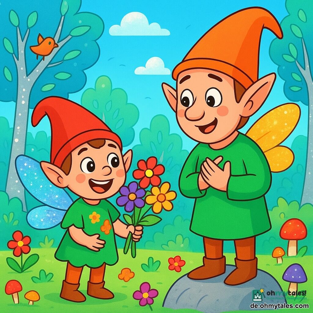 Flippi, ein kleiner Kobold mit glitzernden Flügeln und leuchtenden Farben, ist fröhlich und aufgeregt, mit einem breiten Lächeln und funkelnden Augen. Er trägt eine grüne Tunika mit Blumen und hält einen bunten Blumenstrauß in seinen kleinen Händen. Neben ihm steht sein Papa, ein großer Kobold mit goldenen Flügeln, der überrascht und gerührt ist, mit einem sanften Lächeln und strahlenden Augen vor Glück. Er steht auf einem Felsen und schaut stolz auf Flippi. Die Kulisse ist ein wunderschöner Glitzerwald, gefüllt mit silbernen Baumstämmen und glänzenden Blättern, unter einem hellblauen Himmel mit flauschigen Wolken. Bunte Blumen und lustige Pilze schmücken den Boden, während Vögel fröhlich in den Ästen singen. Die Hauptszene zeigt Flippi, der seinem Papa den Blumenstrauß zum Vatertag überreicht, umgeben von der Magie und Schönheit des Glitzerwaldes, was einen zärtlichen und fröhlichen Moment schafft.