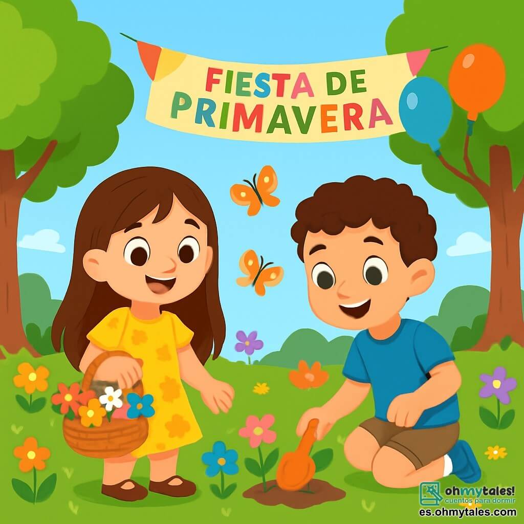 Hay 2 personajes principales: Sofía, una niña de 6 años con largos cabellos castaños y ojos brillantes, que lleva un vestido amarillo con flores y sostiene una pequeña cesta de mimbre llena de flores coloridas; y Mateo, un niño de 6 años con cabello corto y rizado, y ojos verdes, que lleva una camiseta azul y un pantalón corto beige, y sostiene una pala de plástico para plantar flores. Ambos niños están en un parque soleado, rodeados de árboles con hojas verdes brillantes y flores multicolores que bailan con la brisa. Al fondo, una gran pancarta colorida anuncia la "Fiesta de Primavera" y globos flotan en el cielo azul. La escena principal muestra a Sofía y Mateo plantando flores en el jardín del parque, con sonrisas radiantes en sus rostros, rodeados de mariposas que vuelan a su alrededor.