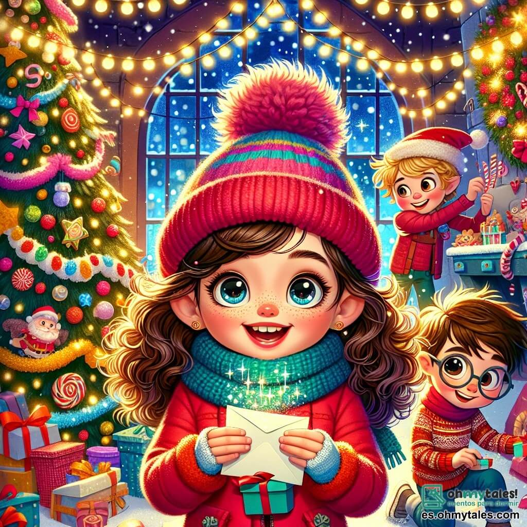 Una niña de 11 años, Clara, con cabello castaño rizado y ojos llenos de curiosidad, se encuentra frente a un gran árbol de Navidad decorado con luces brillantes y guirnaldas coloridas. Lleva un abrigo rojo brillante y un gorro de lana, y su rostro expresa una alegría desbordante mientras sostiene una carta mágica en sus manos. A su lado, su mejor amiga Lucía, también de 11 años, con cabello largo y liso, lleva una bufanda de lana azul y sonríe con entusiasmo mientras sostiene una pequeña caja de regalos. Un niño de 11 años, Mateo, con gafas y cabello desordenado, se agacha para recoger decoraciones caídas, añadiendo un toque de humor a la escena. El decorado es un taller encantado de Papá Noel, lleno de juguetes coloridos, guirnaldas luminosas y copos de nieve que caen suavemente a través de una ventana abierta. Elfos alegres trabajan en el fondo, sumando a la atmósfera festiva. La situación principal muestra a Clara, Lucía y Mateo, unidos en un momento de magia, listos para entregar la carta a Papá Noel, rodeados del espíritu alegre de la Navidad.