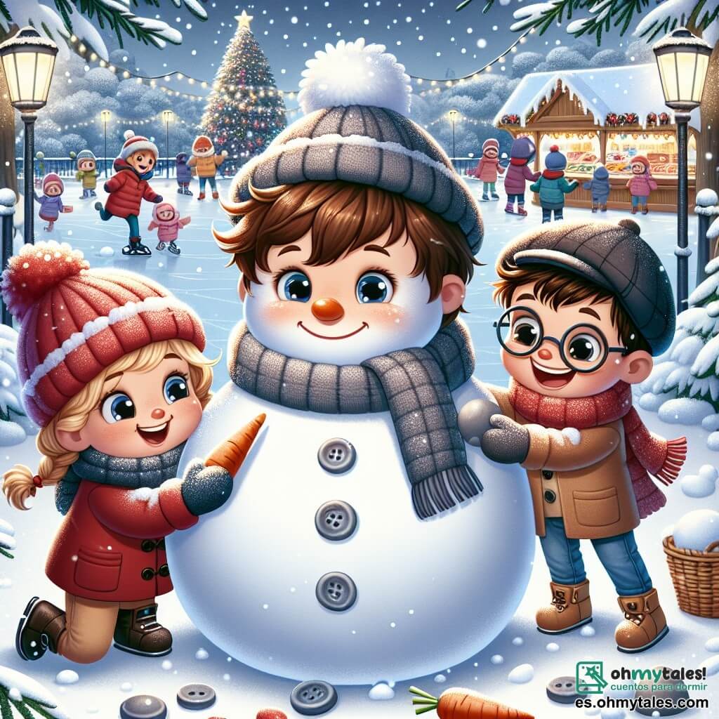 En un parque nevado, tres niños están reunidos alrededor de un gran muñeco de nieve. Lucas, un niño de seis años con cabello castaño desordenado y ojos brillantes, sonríe sosteniendo una zanahoria para la nariz del muñeco. A su derecha, Carla, una niña de seis años con largas trenzas rubias y un gorro rojo, ríe mientras añade botones de piedra en el vientre del muñeco. A la izquierda, Tomás, un niño de seis años con gafas redondas y cabello castaño, se divierte poniendo un viejo sombrero en la cabeza del muñeco de nieve. El parque está decorado con hermosas luces navideñas, con un gran árbol brillante al fondo, rodeado de copos de nieve que caen suavemente. Los niños patinan alegremente en una pequeña pista de hielo cercana, mientras que las familias se reúnen alrededor de un colorido mercado navideño, lleno de dulces y decoraciones. La escena muestra a los niños construyendo su muñeco de nieve, riendo y divirtiéndose juntos, capturando el espíritu alegre y mágico de la Navidad.
