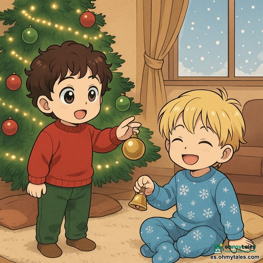 Hay 2 personajes principales: un niño de 2 años, Leo, con cabello castaño rizado y grandes ojos curiosos. Lleva un suéter rojo y pantalones de pana verde. Está de pie cerca del árbol de Navidad, extendiendo la mano para tocar una bola brillante. Otro niño de 2 años, Nico, con cabello rubio y una sonrisa traviesa. Lleva un pijama azul con motivos de copos de nieve. Está sentado en la alfombra, sosteniendo una pequeña campanilla dorada. El lugar es una sala cálida y acogedora. Un gran árbol de Navidad decorado con guirnaldas luminosas y bolas de colores se alza en una esquina. Una ventana muestra la nieve cayendo suavemente afuera, creando un ambiente mágico. Una alfombra mullida está colocada frente al árbol, con cojines esparcidos alrededor. La situación principal muestra a los dos niños maravillados por la magia de la Navidad. Leo toca delicadamente una bola del árbol mientras Nico agita suavemente una campanilla, sus rostros iluminados por las luces del árbol. La atmósfera es suave y mágica, capturando el asombro y la alegría de la temporada.