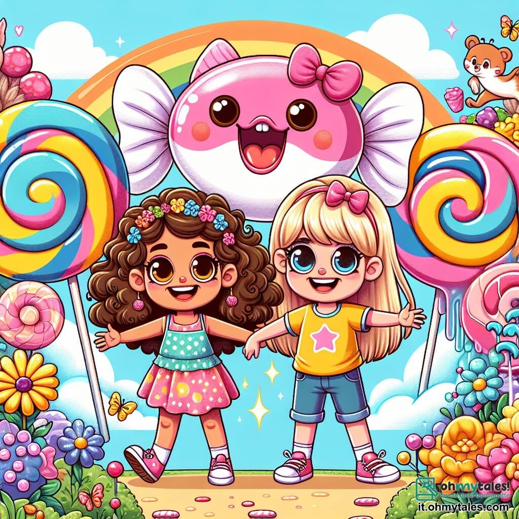 Due amiche, Mia, di 9 anni con capelli ricci e castani, in un vestito colorato a pois, e Zoe, anch'essa di 9 anni con capelli lisci e biondi, in una maglietta gialla e una gonna di jeans, si trovano al centro di un giardino incantato pieno di fiori giganti e caramelle. Accanto a loro, un pesce rosa con occhiali da sole, chiamato Pescetto, salta allegramente da una fontana di limonata frizzante, sorridendo. Il luogo è magico, con alberi di zucchero filato e nuvole di cotone, mentre farfalle multicolori danzano intorno a loro. La scena principale mostra Mia e Zoe, meravigliate, che tengono una gomma gigante e scintillante, pronte a essere trasportate in un mondo fantastico, circondate da animali divertenti, come un coniglio danzante e un orso giocoliere, che aggiungono un tocco di follia a questa scena gioiosa.