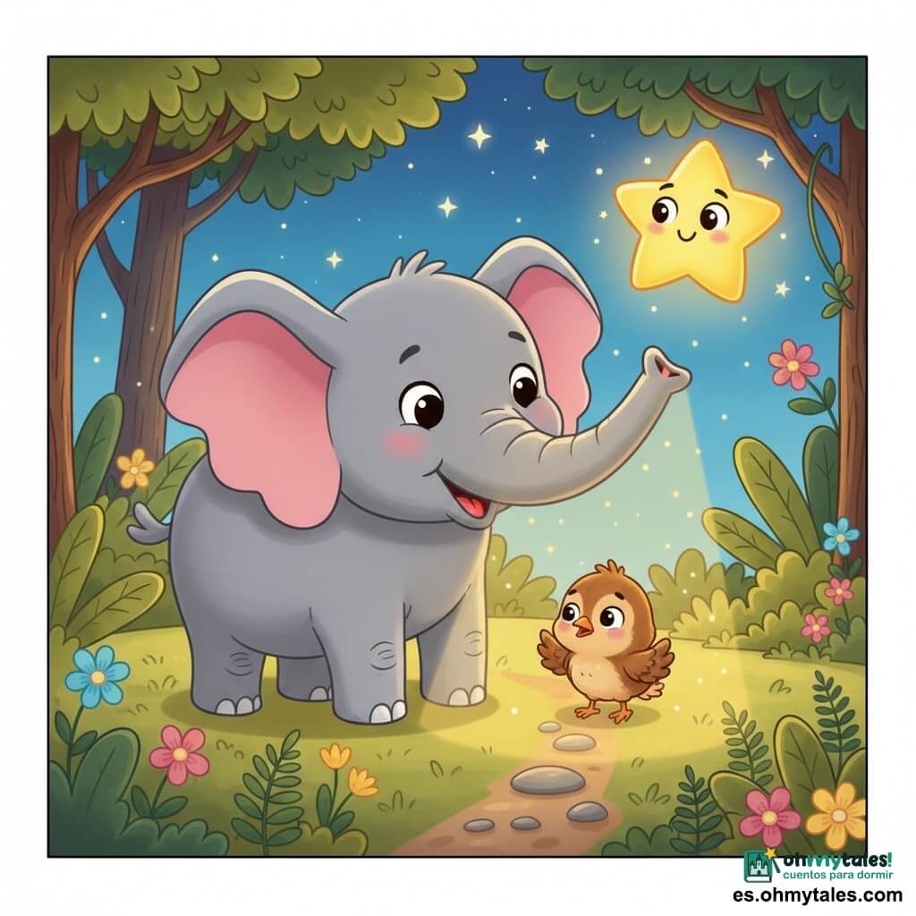 Un elefante gris, tierno y redondeado llamado Elio, con grandes orejas rosadas y ojos amables, sostiene la trompa en alto como una lámpara que ilumina el suelo con luz cálida; un pajarito marrón y peludo, pequeño y asustado, está junto a la trompa y mira la luz con gratitud; una estrella sonriente y amarilla los observa como un amigo; la escena ocurre de noche en un claro de la selva con árboles de hojas grandes, flores y suelo cubierto de hojas; Elio guía suavemente al pajarito por un sendero iluminado; paleta de colores cálidos y suaves, contornos redondeados y texturas simples para una imagen apacible y clara para niños pequeños.