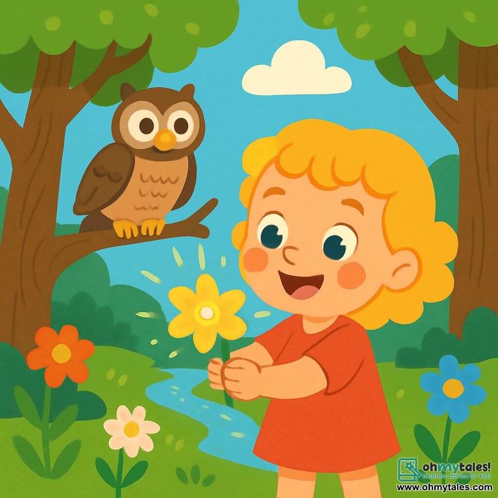 A 2-year-old girl with curly golden hair and sparkling eyes holds a beautiful golden flower that shines in the sunlight. She has a big amazed smile on her face, rosy cheeks, and delicate little hands. Next to her, a wise owl with brown feathers and round curious eyes perches on a tree branch, watching the scene kindly. The setting is an enchanted clearing filled with colorful flowers, large gnarled trees, and a sparkling stream winding through the green grass. The sky is a bright blue, dotted with fluffy white clouds. The little girl discovers the golden flower, surrounded by magical light, while the owl encourages her with a wise and friendly gaze.