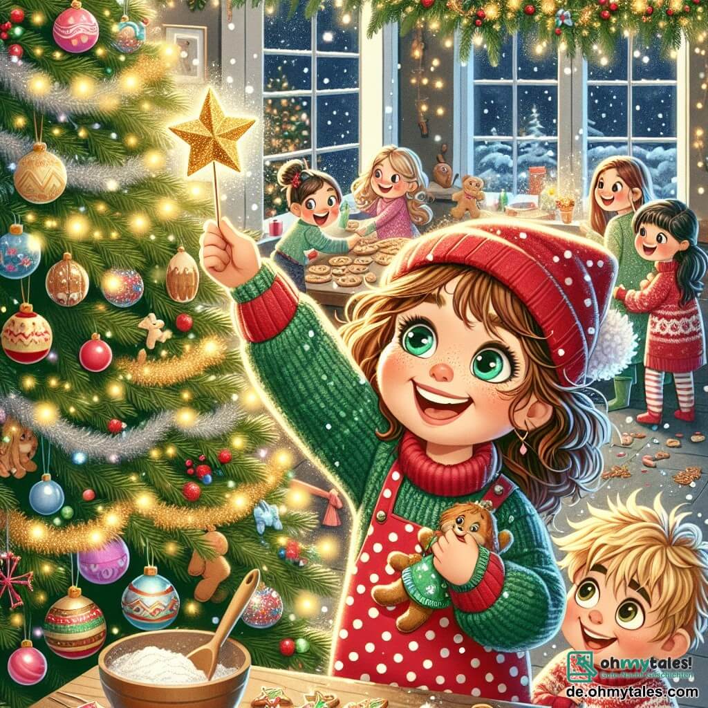 Ein 7-jähriges Mädchen namens Mia mit großen, glänzenden Augen und lockigem kastanienbraunem Haar lächelt fröhlich, während sie einen großen Weihnachtsbaum schmückt. Sie trägt ein rotes Kleid mit weißen Punkten und einen grünen Wollpullover und ist von glitzernden Girlanden und bunten Kugeln umgeben. Neben ihr hält ein 8-jähriger Junge namens Max mit zerzausten blonden Haaren und einem schelmischen Lächeln einen goldenen Stern, den er auf die Spitze des Baumes setzen möchte. Er trägt eine rote Weihnachtsmütze und einen Pullover mit einem gezeichneten Rentier. Im Hintergrund bereiten eine Gruppe von Kindern im Alter von 6 bis 9 Jahren Weihnachtsplätzchen an einem großen Holztisch vor, der mit Mehl, Zucker und süßen Dekorationen gefüllt ist. Die Szene spielt in einem gemütlichen Wohnzimmer, das mit funkelnden Lichtern, Tannengirlanden und sanft fallendem Schnee vor den Fenstern dekoriert ist. Mia und ihre Freunde teilen gemeinsam Lachen und Freude, während sie das Weihnachtsfest vorbereiten und eine magische, festliche Atmosphäre schaffen.
