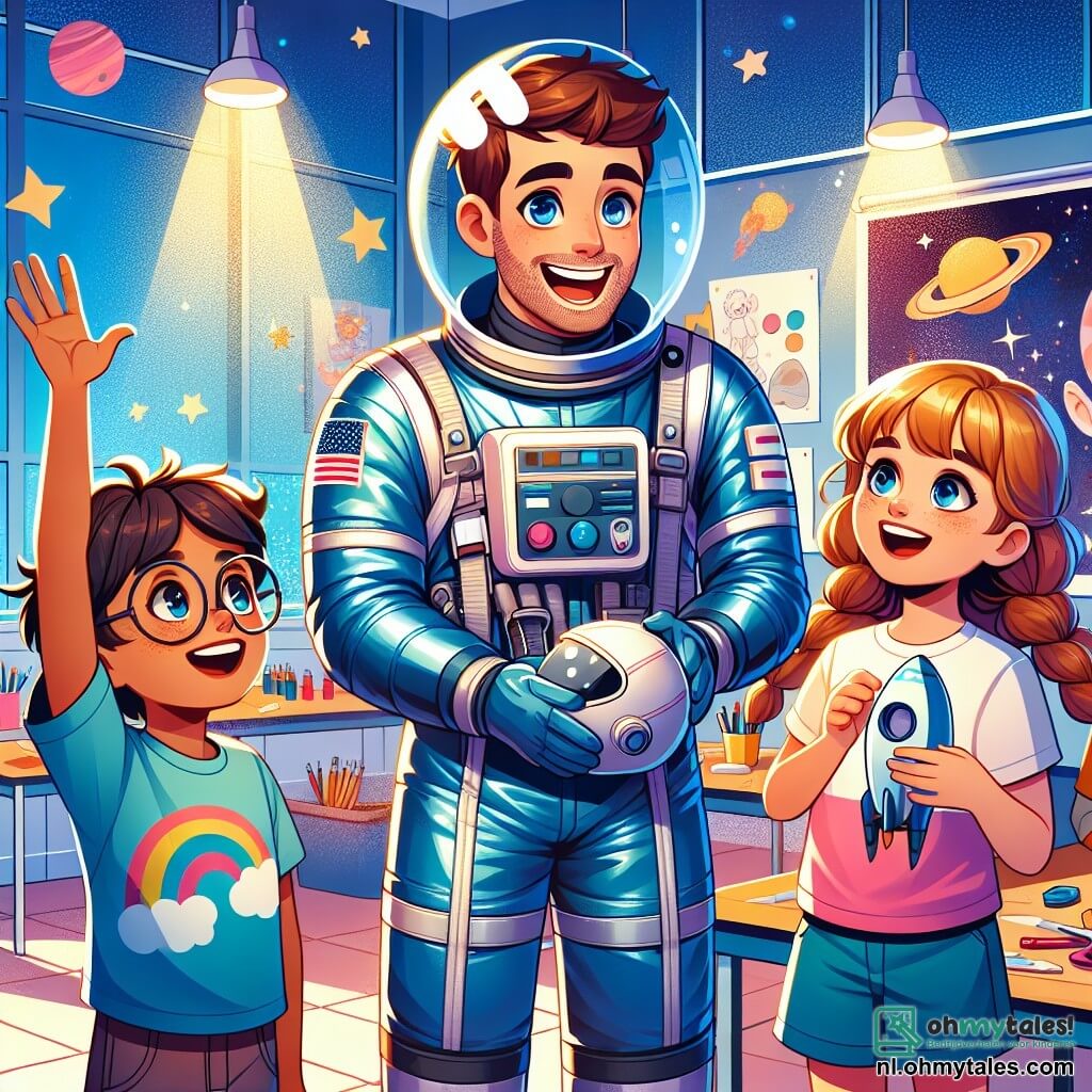 Een man, astronaut Max, staat in het midden van het podium, gekleed in een glanzend blauwe ruimtepakken, met een grote glimlach van opwinding op zijn gezicht. Zijn bruine haar is een beetje rommelig en hij draagt een opgetrokken vizier, waardoor zijn sprankelende ogen van vreugde zichtbaar zijn. Aan zijn rechterkant staat een 8-jarig meisje, Lotte, met lange rossige vlechten, die enthousiast haar hand opsteekt, met grote nieuwsgierige ogen. Ze draagt een kleurrijk t-shirt met sterren en planeten. Aan de linkerkant kijkt een 9-jarig jongetje, Sam, met ronde brillen en kastanjebruin haar, naar Max met bewondering, terwijl hij een klein model van een kartonnen raket in zijn handen houdt. De scène speelt zich af in een heldere klaslokaal, versierd met posters van planeten en raketten, met ramen die zonlicht binnenlaten. Tafels zijn gevuld met knutselmateriaal, zoals scharen, stiften en stukjes karton. Max legt enthousiast uit hoe hij naar Mars gaat reizen, omringd door gebiologeerde kinderen, terwijl Lotte en Sam aandachtig luisteren, klaar om te dromen van de ruimte en de sterren.