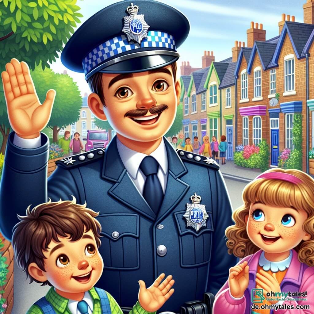 Ein lächelnder und fröhlicher Polizist namens Paul trägt eine glänzende blaue Uniform mit einer Mütze. Er hat braune Haare und strahlende Augen. Paul steht und hebt eine Hand, um Kinder zu grüßen. Neben ihm steht ein 6-jähriges Mädchen mit lockigen blonden Haaren in einem rosa Kleid, das begeistert applaudiert. Ein 5-jähriger Junge mit kastanienbraunen Haaren schaut Paul bewundernd mit weit geöffneten Augen an. Sie befinden sich auf einer belebten Straße, gesäumt von grünen Bäumen und bunten Häusern. Paul erklärt den Kindern, wie er den Menschen hilft, mit einem breiten Lächeln und freundlicher Haltung.