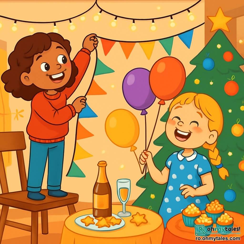 Există două personaje principale: Ana, o fată de 10 ani cu părul creț și brunet, îmbrăcată într-un pulover roșu aprins și o pereche de blugi, stând pe un scaun și zâmbind în timp ce agăță ghirlande colorate de tavan, și Maria, o fată de 10 ani cu părul împletit și blond, îmbrăcată într-o rochie albastră cu buline albe, care stă lângă Ana, ținând baloane multicolore și râzând vesel. Acțiunea are loc într-un living călduros, decorat cu lumini strălucitoare și ghirlande festive, cu mese pline de gustări delicioase, cum ar fi prăjituri în formă de stele și băuturi carbogazoase, iar un brad de Crăciun mare strălucește într-un colț, iluminat de globuri colorate. Povestea o prezintă pe Ana și Maria pregătindu-se pentru petrecerea de Revelion, înconjurate de decorațiuni strălucitoare și râsete, gata să-și primească prietenii pentru o seară magică.