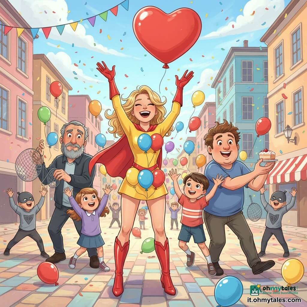 Una supereroina, Lella, sorridente e maliziosa, in costume giallo vivo con grandi palloni blu e rossi, mantellina corta e stivali rossi lucidi, fa apparire con le mani un enorme pallone a forma di cuore; a destra, leggermente avanti, Super Pasticcio, uomo di circa 30 anni dal volto rotondo e allegro e capelli spettinati, tiene una fetta di torta e lancia un muffin ridendo; a sinistra Dr. Grugno, uomo di circa 40 anni dal volto inizialmente accigliato che si trasforma in sorriso sorpresa, circondato da piccoli scagnozzi che lasciano cadere reti grigie; al centro piano diversi bambini (6–9 anni) con occhi spalancati e mani alzate, palloncini colorati che fluttuano sopra di loro; ambientazione: piazza cittadina pavimentata, edifici pastello, bandierine e coriandoli nell’aria, cielo blu luminoso; situazione: momento di vittoria divertente e festoso — Lella riempie l’aria di palloni, i cattivi si rallegrano e tutti festeggiano con torte e risate, colori saturi e tratti di pittura visibili.