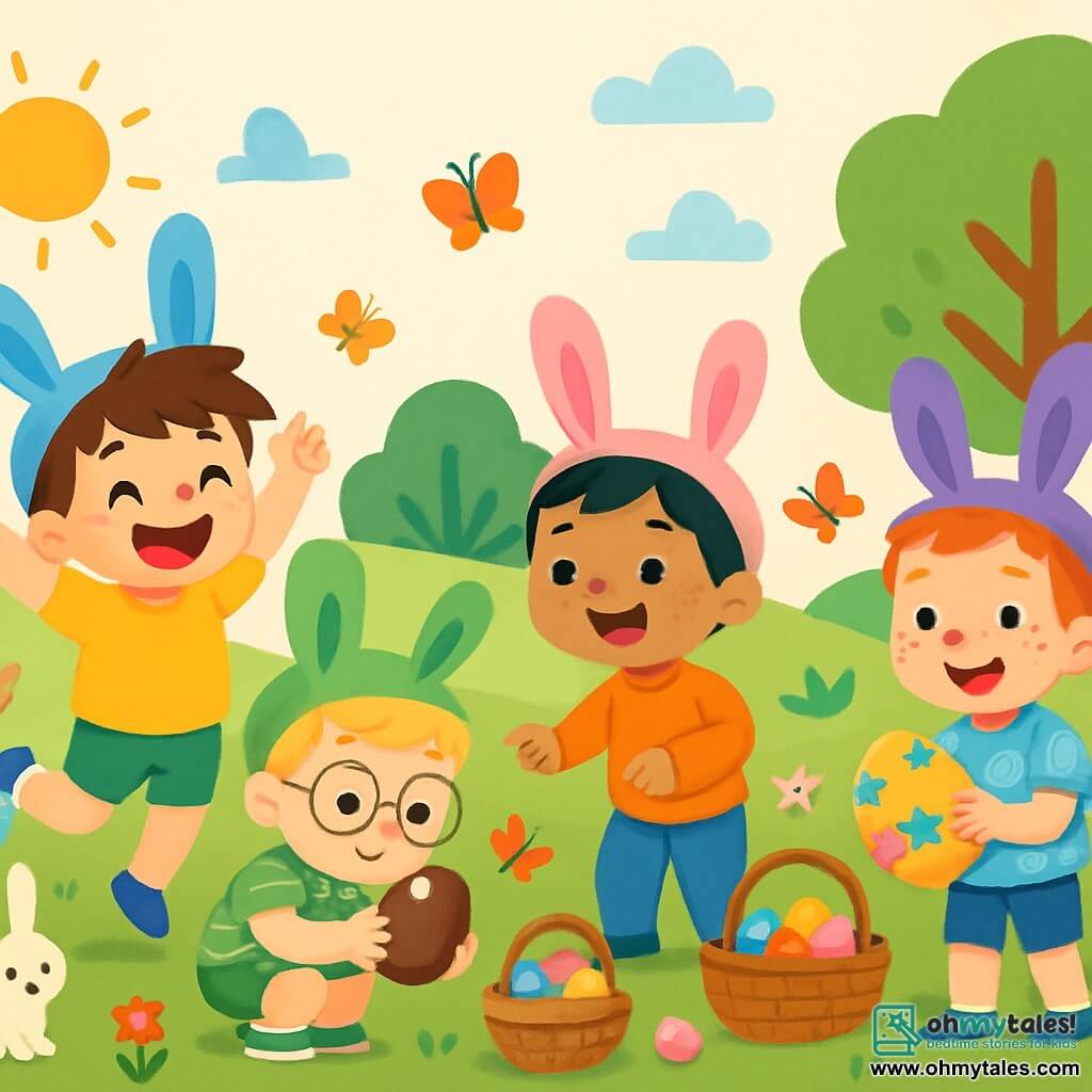 There are 4 children: Max, a 6-year-old boy with messy brown hair, wearing a blue bunny hat and a yellow t-shirt, jumping for joy with his arms raised; Leo, a 5-year-old boy with blonde hair and round glasses, dressed in a green bunny hat and striped shorts, crouching and examining a shiny chocolate egg; Sam, a 6-year-old boy with black hair and a bright smile, wearing a pink bunny hat and an orange sweater, pointing at a colorful egg he just found; and Ben, a 5-year-old boy with red hair and freckles, wearing a purple bunny hat and a bunny-patterned t-shirt, standing and holding a large decorated egg with stars. The scene takes place in a sunny park filled with colorful flowers and green trees, with butterflies flying around and stuffed bunnies hidden in the grass. The main situation shows the children in the midst of an Easter egg hunt, laughing and having fun, surrounded by shiny chocolate eggs and baskets filled with colorful eggs.