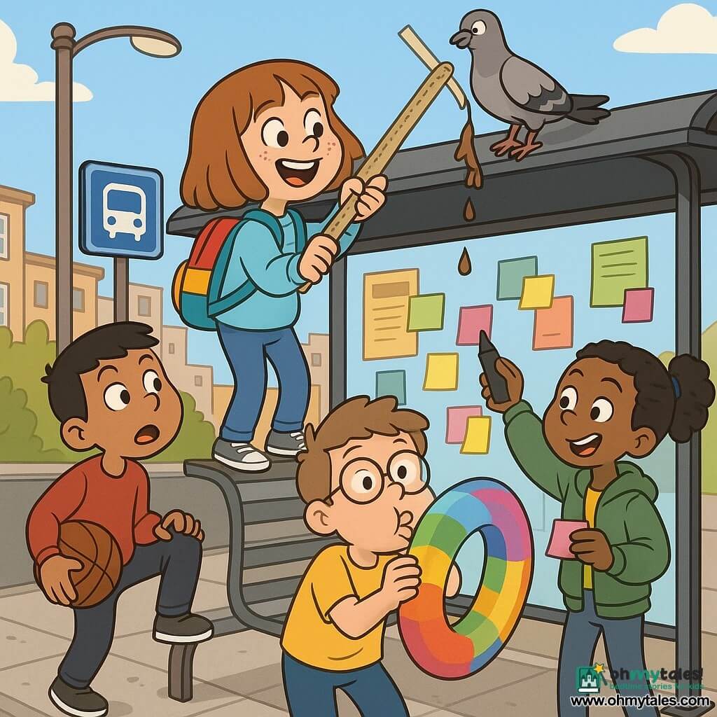 A cheerful but focused 12-year-old girl with a light-brown bob and freckles, wearing a light-blue sweatshirt and multicolored backpack, stands on a curved metal bench and uses a long ruler with tape to remove a small brown plastic package stuck to a pigeon's foot; to her left a ~12-year-old boy with a black crew cut in a red sweatshirt holds a brown basketball, foot on the bench, looking toward the roof; to her right an ~11-year-old girl with curly black hair in a ponytail and a green jacket sticks colorful post-its to the bus-stop glass with a big black marker; at the front a ~12-year-old boy with round glasses and a yellow t-shirt blows a rainbow inflatable donut as a shield, ready to catch falling drops; a pearly-gray pigeon perches on the bus-stop roof edge with the package on its foot and a brown drop falling; setting is a neighborhood bus stop with a curved metal bench, glass covered in posters and post-its, gray sidewalk, lamppost and low buildings under a clear sky; friends improvise a funny, cooperative operation to protect their messages of kindness in a dynamic, bright, colorful, comic-but-benevolent scene.