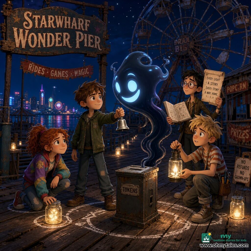 Five characters: Mara (reimagined as a 12-year-old boy) with short brown hair, a worn khaki jacket, holding a small silver bell, standing center before a metal token box on the pier floor, eyes determined toward the creature; Lina, 12, red curly hair in a ponytail, colorful jacket, jar decorator, kneeling left of Mara by a chalk circle with a glowing jar, smiling and protective; Jax, 13, tousled blond hair, striped tee and a toolbox at his belt, right of Mara, lighting a makeshift lantern, nervous but resolute; Theo, 12, tall and thin with round glasses, slightly behind to the right, holding an open sketchbook and a scroll, focused and guiding; and the creature (the Grin/mislaid delight), a tall fluid silhouette of bluish shadows and silver glints with a luminous broad smile that softens, hovering before Mara and leaning toward the token box. Setting: an old wooden nighttime amusement pier (Starwharf Wonder Pier) with worn planks, peeling signs, a rusted Ferris wheel, empty stalls and torn banners, warm light from homemade lanterns and small glowing jars forming a path, neon-reflective night sky and dark shimmering sea. Main scene: atop the pier the four children circle the metal token box on a white chalk ring, placing tokens and jars of joy as the shadowy creature touches the box and its smile shifts from eerie to a gentler, more human expression, warm jar light contrasting the creature’s bluish shadows, centered on the exchange between Mara and the creature with clear, readable emotions.