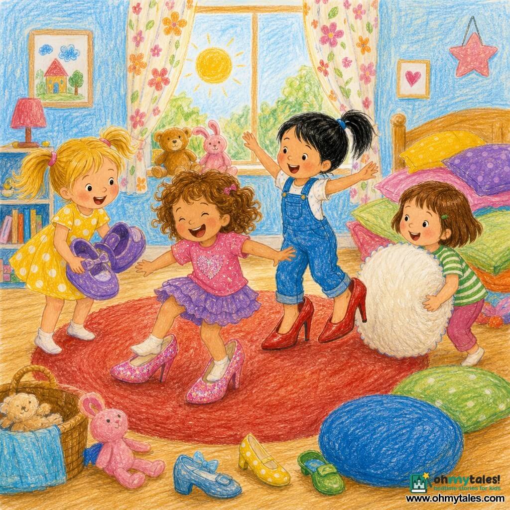 Four sisters play "Silly Shoes" in a sunny bedroom with light wood floors, pale blue walls, a round red rug, a pile of colorful cushions and a window with floral curtains; Lily, about 7, blonde pigtails, in a yellow polka-dot dress on the left holding oversized shoes; Mia, about 6, curly brown hair, in a pink sequin tee center-left, laughing while trying on sparkly shoes; Ava, about 5, black hair in a ponytail, in blue overalls center-right, pretending to be tall in high heels; Zoe, about 4, short light brown hair, in a green striped tee on the right hugging a large fluffy white cushion, all wobbling, laughing and having gentle tumbles.