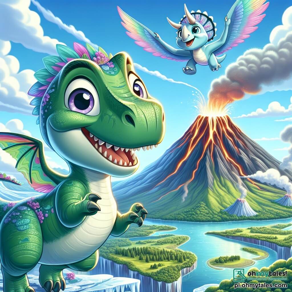Młody Tyrannosaurus Rex o imieniu Tytus, z jaskrawo zieloną skórą i błyszczącymi oczami pełnymi ciekawości, lata w niebie z kolorowymi skrzydłami i szerokim uśmiechem na twarzy, wyrażającym radość i zachwyt. Obok niego mała triceratops o imieniu Trini, z jasnoniebieską skórą i trzema rogami na czole, patrzy z podziwem, unosząc przednie łapy, jakby była gotowa do lotu. Scena rozgrywa się na szczycie majestatycznego wulkanu, z zastygłymi lawami i chmurami dymu unoszącymi się w błękitnym niebie, otoczonym bujnymi lasami i lśniącymi rzekami w dole. Tytus i Trini cieszą się magiczną przygodą, Tytus pokazując Trini, jak latać nad zapierającymi dech w piersiach krajobrazami, podczas gdy przelatują nad zielonymi dolinami i odległymi górami, tworząc niezapomniane wspomnienia.