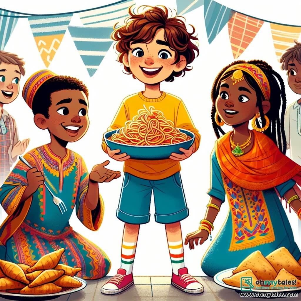 An 11-year-old boy, Leo, stands at the center of the scene with a broad smile. He has curly brown hair, wears a bright yellow t-shirt and blue shorts, and holds a plate of spaghetti in one hand. Leo expresses joy and excitement as he shares a traditional dish from his culture with friends. To his right, Maya, a 10-year-old girl of Indian descent with long braided black hair and a colorful dress, smiles while presenting samosas, eager to share the story of her dish. To Leo's left, Jamal, an 11-year-old Jamaican boy with curly hair and a patterned shirt, proudly shows a plate of jerk chicken, capturing the attention of those around him. Behind them, Amina, a 10-year-old Egyptian girl with brown hair and sparkling eyes, serves koshari into plates, wearing a colorful tunic and a warm smile, adding to the festive atmosphere. The vibrant park is filled with colors, decorated stands with flags from around the world, and children playing and laughing, while twinkling lights hang from the trees. The main scene shows Leo and his friends sharing their cultural dishes at the diversity festival, surrounded by laughter and discovery, highlighting the importance of celebrating differences and building friendships.