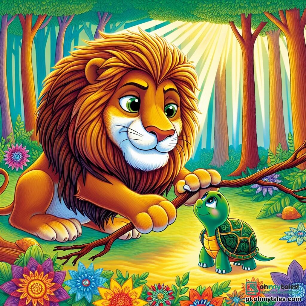 Um leão majestoso chamado Leo, com uma juba dourada que brilha ao sol, está puxando um galho com suas patas poderosas, exibindo uma expressão de determinação e coragem em seu rosto. Ao lado dele, uma pequena tartaruga chamada Tati, com uma carapaça verde e olhos brilhantes, observa Leo com admiração, apoiando-se em um chão coberto de folhas coloridas. A cena acontece em uma floresta mágica, onde grandes árvores com troncos grossos se elevam em direção ao céu, cercadas por flores vibrantes, criando uma atmosfera encantada. Leo e Tati estão no centro da imagem, ilustrando o momento em que Leo ajuda Tati a se libertar de um galho, simbolizando a amizade e a solidariedade entre os animais.