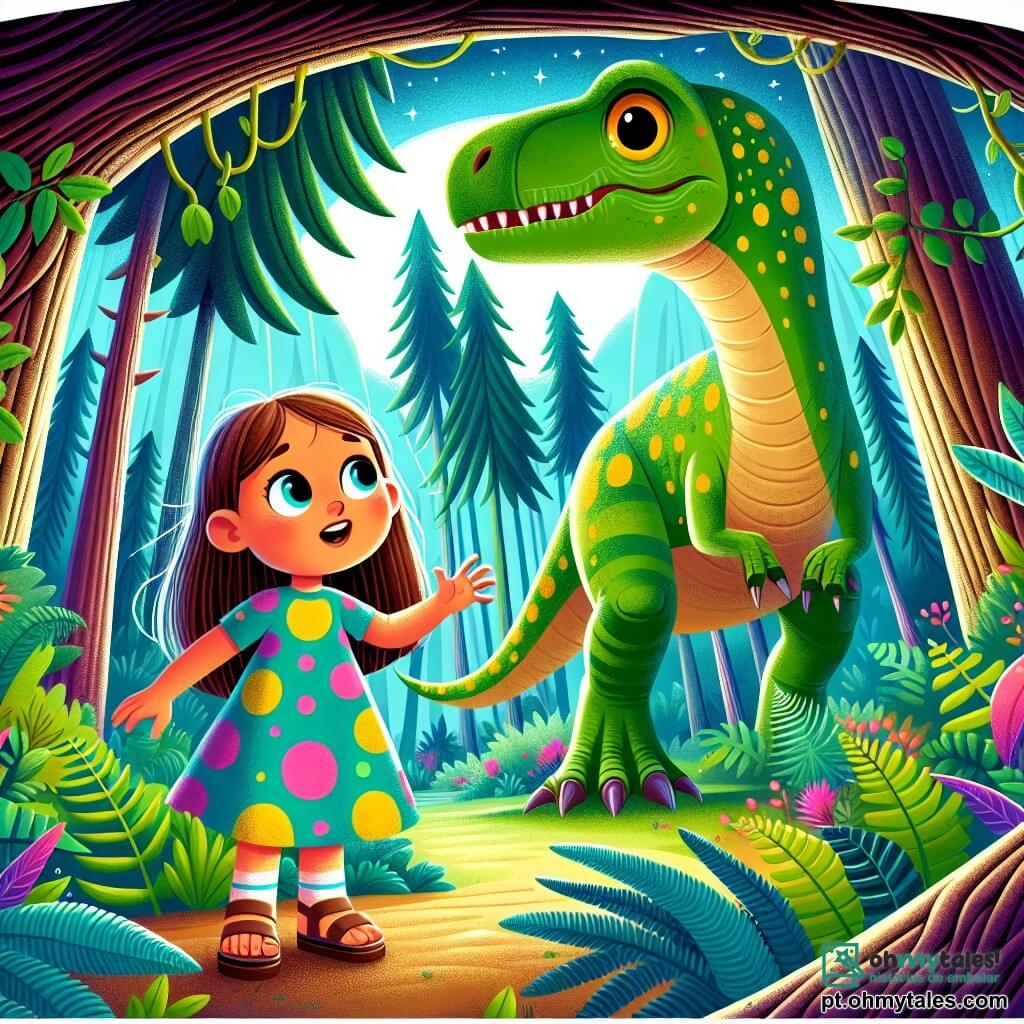 Uma menina de 8 anos, com longos cabelos castanhos e olhos brilhantes de curiosidade, está no meio de uma floresta pré-histórica. Ela usa um vestido colorido de bolinhas e sandálias, seu rosto expressa admiração e um toque de emoção. Ao seu lado, um dinossauro herbívoro gigante, com pele verde e manchas amarelas, se inclina para comer folhas de uma árvore imensa, seus grandes olhos suaves observam a menina com curiosidade. Ao fundo, árvores gigantescas com troncos grossos e samambaias exuberantes cercam a cena, enquanto um céu azul brilhante ilumina tudo. A menina, fascinada, estende a mão em direção ao dinossauro, pronta para explorar este mundo incrível e viver uma aventura inesquecível.