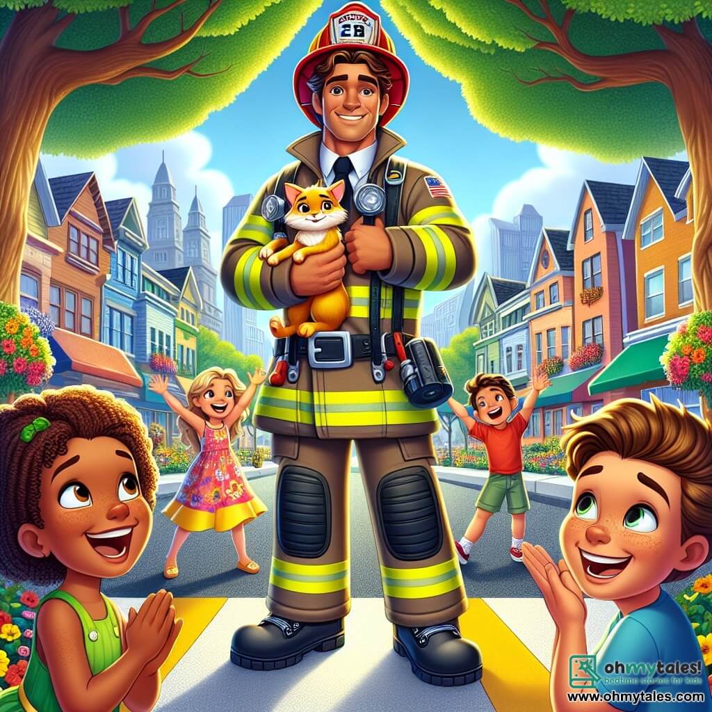 A male firefighter, Captain Charlie, is at the center of the image, smiling broadly with sparkling eyes of joy and pride. He wears a bright yellow firefighter suit and a shiny red helmet, holding an orange cat in his arms, looking at it tenderly. To his right, Mia, an 8-year-old girl with curly hair in a colorful dress, claps enthusiastically, her eyes shining with admiration. To his left, Jake, a 9-year-old boy with a big smile and a blue t-shirt, raises his arms in the air, expressing his joy. The scene takes place under a large green tree on a busy street in Sparkville, with colorful houses in the background and vibrant flowers lining the sidewalk. The main situation shows Captain Charlie, the hero firefighter, having rescued a cat stuck in a tree, surrounded by his young friends celebrating this beautiful victory with radiant smiles and laughter.
