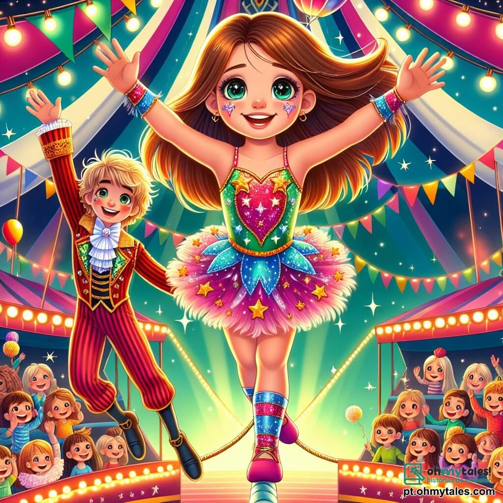 No centro da imagem, uma menina de 10 anos chamada Clara, com longos cabelos castanhos e olhos brilhantes de alegria, está caminhando sobre uma corda baixa, com um grande sorriso no rosto. Ela usa um bonito traje colorido com estrelas e brilhos que reluzem sob as luzes do circo. À sua direita, Leo, um jovem acrobata de 12 anos, com cabelos loiros bagunçados e um sorriso encorajador, aplaude Clara enquanto se segura em uma plataforma. Ele veste um traje vermelho e dourado, adornado com penas, e parece pronto para ajudá-la. Ao fundo, a tenda do circo está cheia de cores vibrantes: bandeirinhas coloridas flutuam ao vento, e luzes cintilantes iluminam a atmosfera festiva. Espectadores maravilhados, crianças e adultos, observam a cena com olhos arregalados, alguns segurando balões e algodão doce. A situação principal mostra Clara, cheia de determinação, praticando sua caminhada na corda, cercada pela excitação e magia do circo, enquanto Leo a incentiva com entusiasmo.