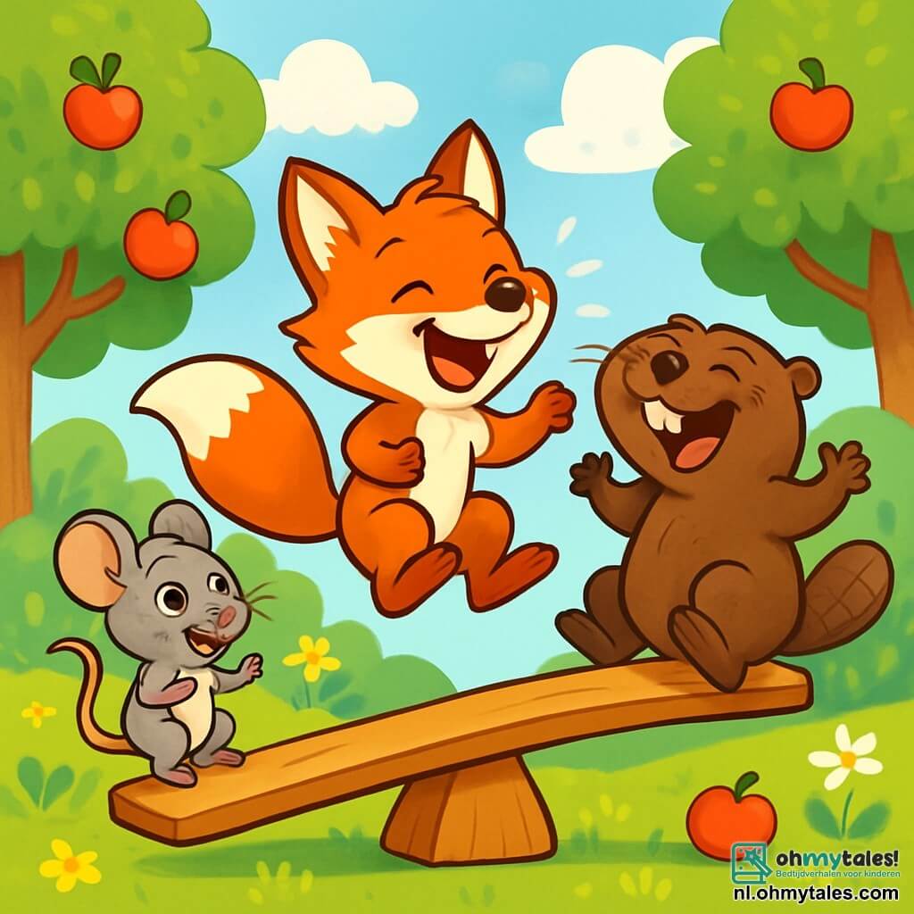 Vinnie de Vos, een kleine vos met een stralende oranje vacht en ondeugende ogen, lacht luid terwijl hij vrolijk op een grote wip springt. Zijn ondeugende glimlach toont zijn kleine witte tanden en zijn pluizige staart zwaait achter hem. Naast hem lacht Benny de Bever, een grote bever met een donkerbruine vacht en uitstekende tanden, met zijn poten in de lucht terwijl hij zich voorbereidt om te springen. Milly de Muis, een kleine grijze muis met grote ronde oren, zit op de rand van de wip, met opgewonden ogen, klaar om in het avontuur te duiken. De achtergrond toont een mooie zonnige open plek, omringd door groene bomen met glanzende bladeren, en kleurrijke bloemen die in de wind dansen. In de verte is een heldere blauwe lucht met donzige witte wolken. De vrienden springen op de wip, lachend terwijl ze de lucht in vliegen, wat een scène vol vreugde en kameraadschap creëert, met rode appels die van de bomen om hen heen vallen.