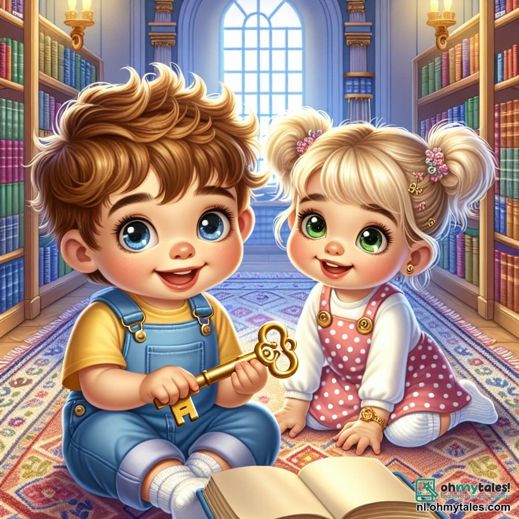 Een jongetje van 1 jaar met rommelig bruin haar en nieuwsgierige ogen zit op de grond in een grote bibliotheek. Hij draagt een blauwe overall en een gele t-shirt, en hij glimlacht blij terwijl hij een gouden sleutel in zijn kleine handen vasthoudt. Naast hem knielt zijn beste vriendin Lila, een 1-jarig meisje met blonde vlechten en sprankelende groene ogen, die vol verwondering naar de sleutel kijkt. Ze draagt een roze jurkje met stippen en witte sokken, en ze lijkt dolgelukkig met hun ontdekking. De scène speelt zich af in een kleurrijke bibliotheek met planken vol boeken met heldere kaften. Zachte lichten verlichten de ruimte, en gezellige tapijten liggen verspreid over de vloer, wat een warme en uitnodigende sfeer creëert. Het belangrijkste moment toont Sam en Lila die een mysterieuze sleutel ontdekken die uit een oud boek is gevallen, klaar om het geheim op te lossen dat hen in deze magische bibliotheek wacht.