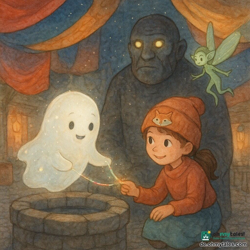 Ein kleiner Geist namens Lumo, perlmuttfarben und durchsichtig mit leuchtenden Staubflecken, wirkt schüchtern und fröhlich und schwebt über dem Rand eines alten Stebrunnens, hält vorsichtig einen schillernden, mehrfarbigen Faden; Mina, etwa acht Jahre alt mit braunen Zöpfen und einer großen Mütze mit Fuchsstickerei, hockt am Brunnen, lächelt ermutigend und reicht die Hand zum Faden; Brummwacht, eine große schwarze Steinwächterstatue wie ein alter Riese mit schwach glühenden Einlagenaugen, steht überrascht aber sanft hinter dem Brunnen; Flitz, ein kleiner windkobold mit blattförmiger Ohrspitze und blassgrünem, schlankem Körper, schwebt ruhig nahe bunter Stoffbahnen über dem Nachtmarkt; der gepflasterte Markt unter hängenden, wolkenartigen Stoffen (Rot, Blau, Gold) ist belebt von warmen Glaslaternen, Ständen mit Reliquien und leichten Reflexen im Brunnenwasser; die Szene zeigt, wie Lumo den Lichtfaden mit Mina, Brummwacht und Flitz teilt und so ein warmes, verbindendes, pastellfarbenes Leuchtnetz über dem Brunnen bildet.