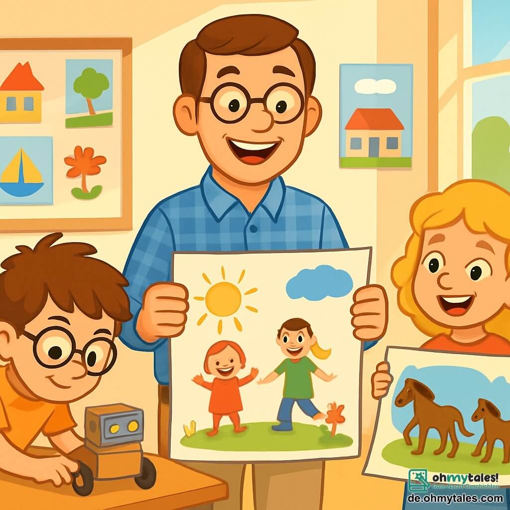 Ein Mann, Herr Baumann, steht in der Mitte der Klasse mit einem breiten, warmen Lächeln im Gesicht und strahlenden Augen. Er trägt ein kariertes blaues Hemd und beige Hosen und hält ein großes, buntes Papier mit Kinderzeichnungen. Rechts von ihm zeigt ein 8-jähriges Mädchen, Lotta, mit lockigem, blondem Haar stolz ihr Plakat mit Pferden, ihre Augen glänzen vor Aufregung. Links beugt sich ein 8-jähriger Junge, Felix, mit Brille und zerzausten braunen Haaren über einen Tisch und lässt einen kleinen Kartonroboter rollen, den er gebaut hat. Die Szene spielt in einem hellen Klassenzimmer mit Wänden, die mit Kinderzeichnungen dekoriert sind, Regalen voller bunter Bücher und Fenstern, die Sonnenlicht hereinlassen, was eine fröhliche und einladende Atmosphäre schafft. Die Hauptsituation zeigt Herr Baumann, der die Projekte der Kinder bei einer Ausstellung präsentiert, umgeben von Lachen und Applaus, und die Kreativität und Talente seiner Schüler feiert.