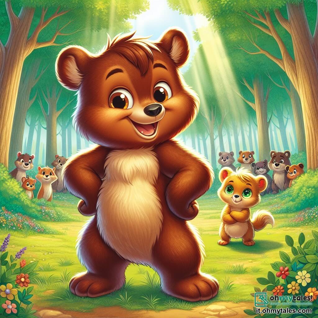 Un giovane orso dal pelo marrone e morbido, con grandi occhi curiosi e un sorriso caloroso, si trova al centro della scena, con le zampe leggermente divaricate, pronto ad accogliere un nuovo amico. Esprime gioia ed eccitazione, con le orecchie tese e una postura aperta che mostrano il suo entusiasmo. Accanto a lui, un piccolo orso dal pelo dorato, con occhi brillanti e un'aria timida, osserva con un misto di apprensione e speranza, rimanendo leggermente indietro, con le zampe incrociate, come se cercasse conforto nella presenza del suo nuovo amico. Sullo sfondo, si estende una foresta verdeggiante, con alberi maestosi e foglie brillanti, fiori colorati sparsi sul terreno e un dolce raggio di sole che filtra tra i rami, creando un'atmosfera calorosa e accogliente. La scena principale mostra i due orsi che si incontrano per la prima volta, circondati da altri animali curiosi che li osservano con interesse, illustrando così il tema della tolleranza e dell'accettazione delle differenze.