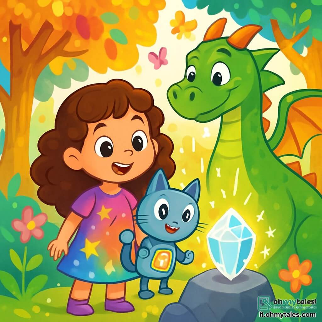 Una bambina di 6 anni, di nome Luna, con lunghi capelli ricci e occhi brillanti di curiosità, si trova al centro dell'immagine, sorridente e meravigliata. Indossa un vestito colorato decorato con stelle scintillanti e tiene in mano un piccolo robot-animale a forma di gattino, chiamato Bob, che emette luci lampeggianti e fa un suono gioioso. Accanto a loro, un drago amichevole di nome Rex, grande e maestoso, con squame verdi brillanti e occhi dolci, li osserva con un sorriso benevolo. Sta battendo le ali, pronto a portarli in una nuova avventura. Lo sfondo è una foresta incantata, piena di alberi con tronchi dorati e foglie multicolori che brillano sotto la luce del sole. Fiori luminosi e farfalle danzano intorno a loro, creando un'atmosfera magica e gioiosa. La scena principale mostra Luna e Bob, meravigliati, che scoprono un antico Tecno-Crystal scintillante posato su una roccia, circondato da luci scintillanti. Sono pronti a vivere una grande avventura, piena di magia e scoperte.