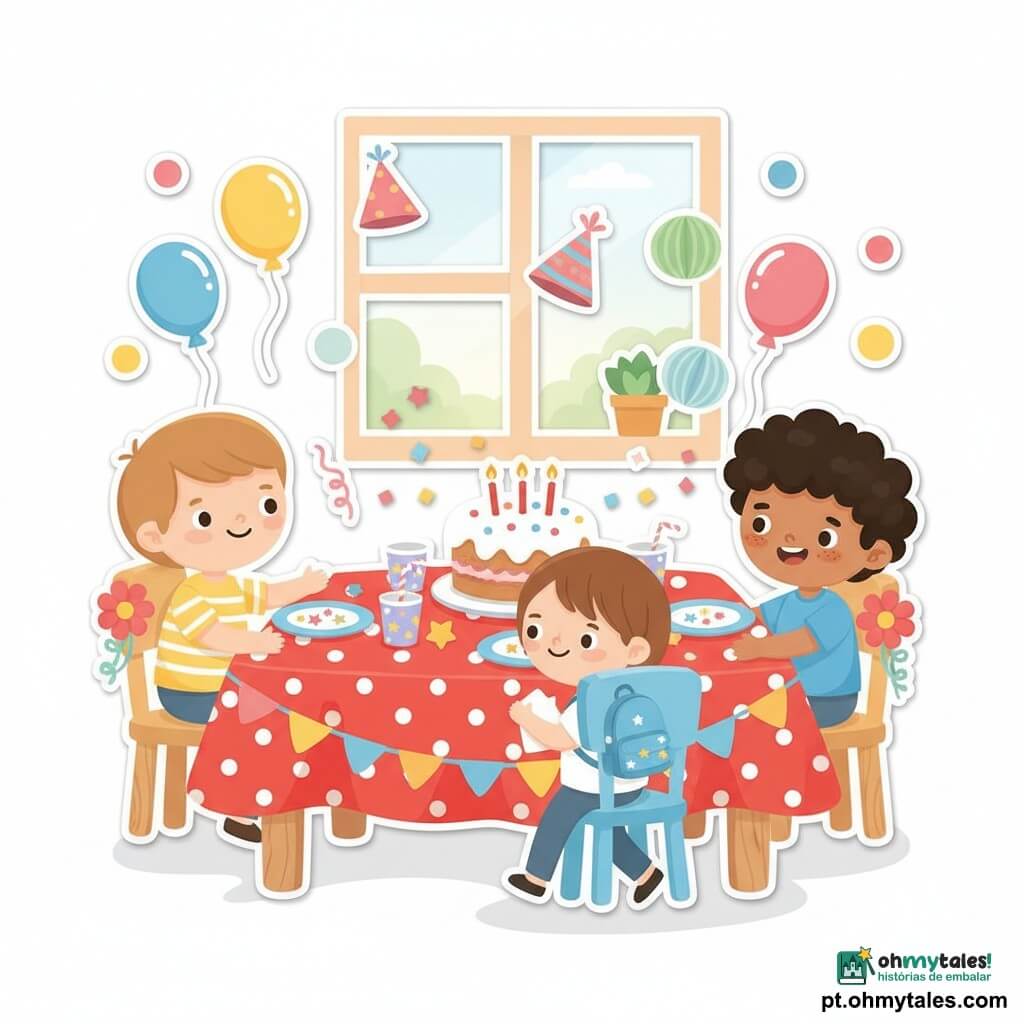 Há três meninos: Leo, 4 anos, cabelo curto castanho-claro, olhos redondos, camiseta amarela às riscas, sentado à esquerda da mesa estende a mão convidando Miguel com sorriso; Tomás, 4 anos, cabelo negro encaracolado, sardas nas bochechas, camisa azul, sentado à direita do bolo empurra suavemente uma pequena cadeira azul com expressão maliciosa; Miguel, 4 anos, cabelo castanho liso, olhar tímido que se ilumina, mochila com estrelas, caminha devagar para a cadeira central diante do bolo segurando um pequeno guardanapo. Cena numa cozinha festiva colorida em plano próximo: mesa baixa de madeira clara com toalha de bolinhas vermelhas e brancas, decorações de papel, balões pasteis nas cadeiras, janela com luz suave da manhã, pratos e copos com estrelas, confetes e lanternas de papel em volta do bolo. Os três rodeiam um grande bolo branco com confeitos coloridos e três velas acesas; Leo cede o lugar central a Miguel num gesto terno enquanto Tomás empurra a cadeira azul, e elementos de festa (balões, chapéus de papel, bolhas de sabão) criam uma atmosfera alegre e acolhedora.