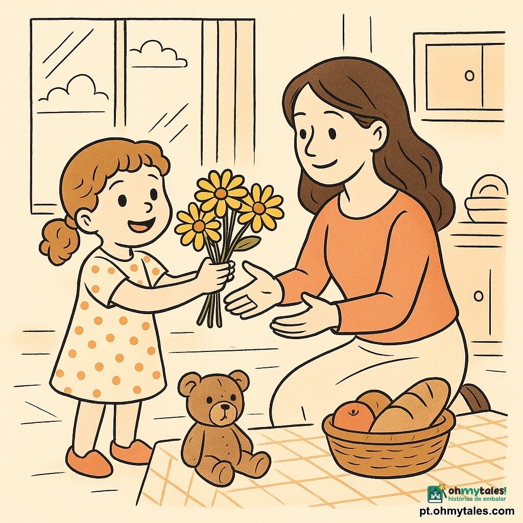 Uma menina de 4 anos, cabelos castanho-claro encaracolados em rabo de cavalo, rosto redondo e olhos grandes sorridentes, vestida com vestido de bolinhas e pantufas coral, oferece com orgulho um buquê de margaridas amarelas a sua mãe (cerca de 30 anos, cabelos castanhos soltos) que está ajoelhada com os braços abertos e sorriso terno; um ursinho de pelúcia gasto com olhos costurados está sobre a mesa inclinando-se para a menina; a cena acontece numa cozinha-sala de jantar luminosa, mesa de madeira clara com toalha xadrez, janela aberta com raios de sol e uma cesta com pão e maçãs; momento de surpresa e afeto, composição centrada, expressões calorosas e traços simples adequados a crianças pequenas.