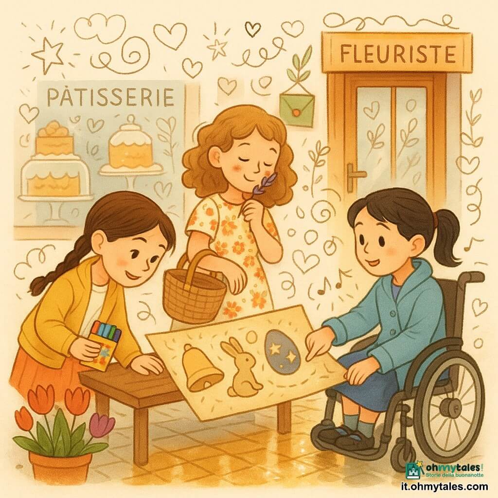 Tre amiche davanti alla vetrina di una piccola pasticceria e di un fioraio affiancati su un marciapiede di sampietrini bagnati con riflessi dorati: Mina (circa 9 anni, treccia castana, giacca giallo senape) a sinistra sorride tenendo una scatola di pennarelli, Rachele (circa 10 anni, capelli ricci castano chiaro, vestito a fiori) al centro con un cestino di vimini pieno di paglia e brillantini che profuma di lavanda, Giulia (circa 10 anni, capelli neri raccolti, in sedia a rotelle decorata con un campanello) a destra indica un segno sulla grande mappa pergamenata colorata appoggiata su una panchina; la mappa mostra simboli (campana, coniglio, uovo stellato) e le ragazze ridono mentre si preparano per una caccia alle uova di Pasqua in città, luce primaverile dolce, ombre lunghe, vasi di tulipani rossi e viola, porta in legno verniciato, insegne dipinte a mano e piccole buste di ceralacca verdi appese; intorno al cestino di Rachele brillano scintille di glitter e vicino al campanello ci sono doodle di note musicali.