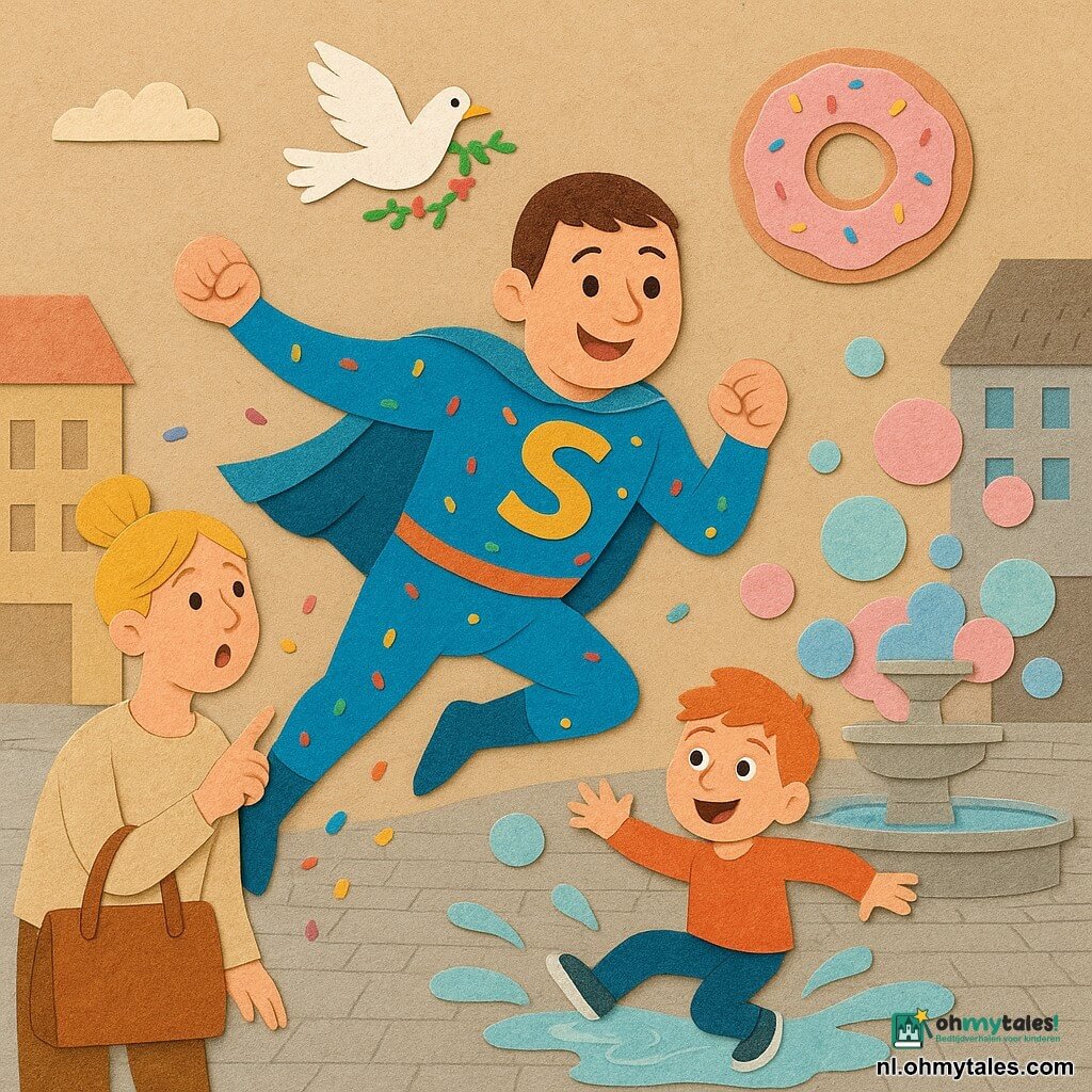 Een man, Sam, superheld, glimlachend en guitig, rond gezicht, kort bruin haar, felblauw kostuum met confettipatronen en korte cape, springt omhoog en laat een wolkje kleurrijke confetti achter; hij probeert een reusachtige donut-ballonnen tegen te houden die rolt en etalages raakt terwijl gigantische zeepbellen het plein binnendringen. Een vrouw van circa 30, marktklant, blond haar in een knot, verbaasd, houdt een grote leren tas en wijst links van Sam naar de lucht. Een jongen van circa 7, rood haar, ogen wijd van vreugde, glijdt uit op een zeepplas bij een fontein rechts van Sam. Een witte duif met uitgestrekte vleugels draagt een slinger als sjaal en vliegt boven de scène. De levendige stadsplaats heeft grijze kasseien, houten bankjes, een grote fontein die roze en blauwe bellen blaast en een enorme donutreclame boven de daken. Kleuren helder, uitgesneden vormen, zichtbare papiertexturen, zachte schaduwen en gescheurde zwarte contouren voor een collage-esthetiek.