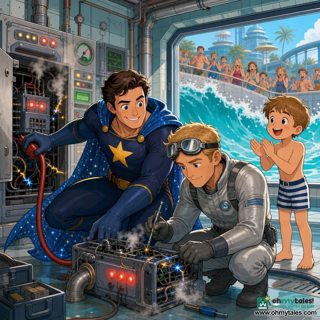 Captain Stellar, a smiling determined man in a midnight-blue suit with a large yellow star and sparkling cape, crouches with one hand on a metal box unplugging a red cable while Astro Ace, a blond pilot in his thirties in a silver suit and goggles, holds a small electronic tool and inspects a failing wave generator in the control room of Splash City's big wave pool — tiled walls, a large window to the turquoise, splashing pool, lit panels, green screens, exposed pipes and an open cabinet with a blinking device — a nearby seven-year-old boy in a striped swimsuit claps at the right, red lights flash, thin steam and blue-and-yellow sparks hiss from the defective unit, the scene tense but reassuring with an amazed crowd in the background.