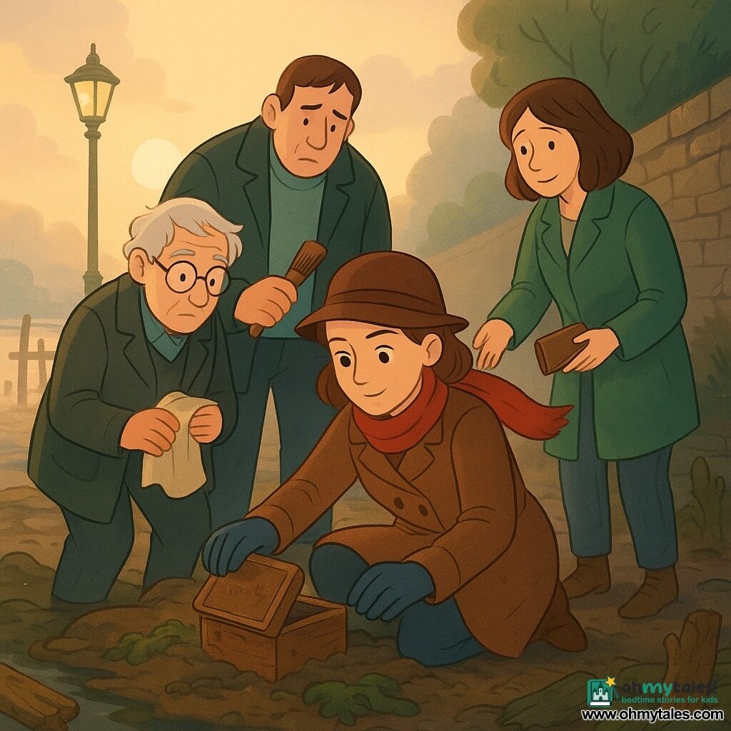 Detective Clara, focused and gentle with bright eyes, in a buttoned brown coat and red scarf, kneels on a muddy rock opening a wet wooden box, gloved hands holding a mud- and salt-stained leather notebook; Mr. Finch, about 70, wrinkled with round glasses and tousled white hair, stands slightly back with hunched shoulders holding a towel and watching the box with restrained emotion; Lyle, about 45, tall in an oversized coat with a slight limp, stands left behind Clara looking down and holding a fence brush; a passerby woman of about 35 in a green jacket with a grocery bag timidly offers a small leather notebook; the scene is a dawn riverside causeway with light mist, rotten wooden planks, barrels, dark seaweed, driftwood and moss, an old lamp in the distance, golden morning light filtering the fog as the group discovers the wet wooden box, evoking hope, repair and recovered stories.