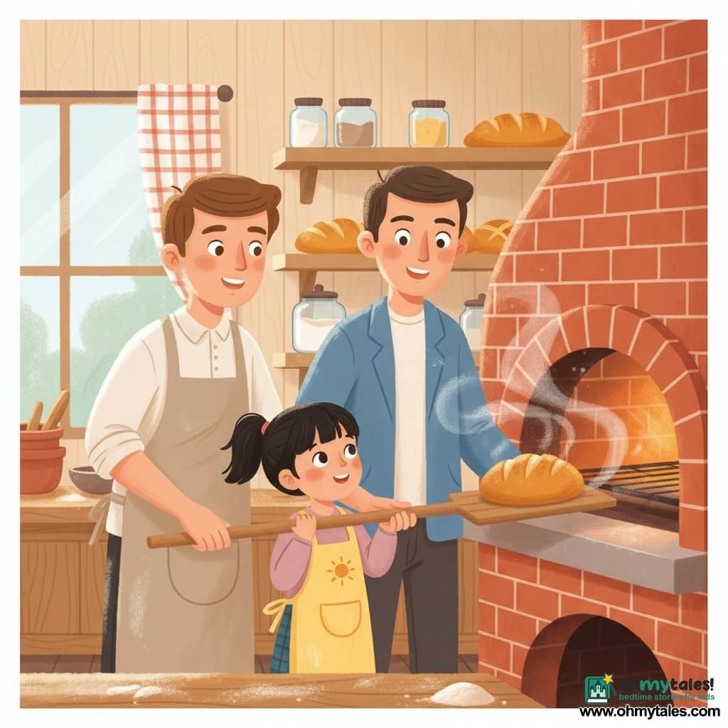 A smiling, serene male baker with short brown hair and a slightly flour-dusted beige apron stands with his hands on a long wooden peel, gently guiding a golden round loaf into an open red-brick oven glowing orange; a 7-year-old girl with a black ponytail and a small yellow apron embroidered with a sun stands beside him, holding the peel and watching the bread with delighted eyes; a 35-year-old man in a blue jacket stands behind near the counter, holding the girl's hand and watching proudly; the cozy bakery back room has light wood walls, shelves of golden loaves, glass jars of flour and grains, a large morning window with a checked curtain, a dusting of flour on the work surface, a dark baking stone and metal rack visible, soft steam rising, warm ochre-yellow-brown palette, soft contrasts and simple, child-friendly illustration style.