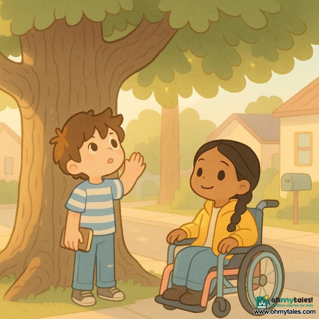 Two children, about 11: a boy with messy brown hair, a blue-and-white striped t-shirt and slightly ripped jeans, holding a small jostled notebook in one hand and gently touching the oak’s bark with the other, standing left and looking amazed at the leaves; a girl with braided black hair in a bright yellow jacket sitting in a pastel modern wheelchair, smiling at the boy and his hand on the tree, right, hand on the chair arm, proud and gentle expression. They stand on a residential sidewalk under a large ancient oak with rough furrowed bark, slightly exposed roots and broad green leaves casting cool shade; houses with painted mailboxes in the background, clear blue sky and warm late-afternoon light filtering through the foliage and creating dappled patches on the pavement. The two have just returned from a time-travel trip and stand together under the tree saying three aloud thank-yous; warm, tender, contemplative and joyful scene in clean pastel colors, soft contrasts and delicate shadows, minimalist kawaii style with simple lines, big expressive eyes, and emphasis on wood texture and filtered light.