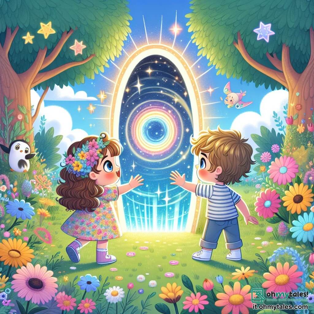 Una bambina di 3 anni, Luna, con grandi occhi brillanti e capelli ricci castani, sorride con meraviglia scoprendo un portale luminoso nel suo giardino. Indossa un vestito colorato decorato con fiori e tende la mano verso il portale, piena di curiosità ed eccitazione. Accanto a lei, il suo amico Marco, un ragazzo di 4 anni con capelli biondi disordinati e una maglietta a righe, guarda il portale con un misto di stupore ed entusiasmo. Si tiene leggermente indietro, pronto a seguire Luna nell'avventura. Il luogo è un giardino incantevole, pieno di fiori vivaci e alberi maestosi, con un cielo blu chiaro e nuvole soffici. Al centro, il portale scintilla di mille luci, circondato da un'aura magica che attira i bambini. La situazione principale mostra Luna e Marco, mano nella mano, pronti a entrare nel portale magico, impazienti di iniziare il loro viaggio nel tempo, con stelle scintillanti che danzano intorno a loro, simboleggiando le avventure a venire.