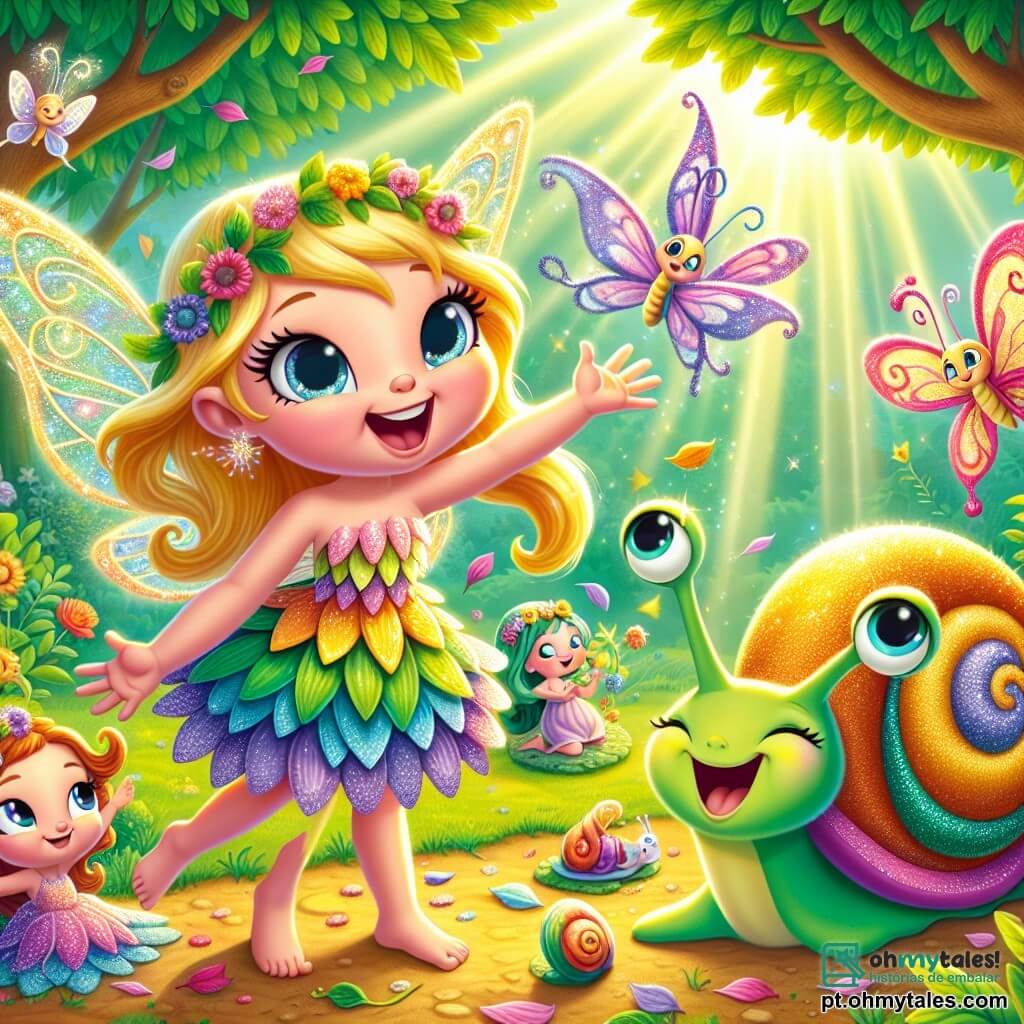 No centro da imagem, uma pequena fada chamada Luna, com asas cintilantes e cabelos dourados, sorri alegremente, de braços abertos, cercada por flores vibrantes. Ela usa um vestido feito de pétalas coloridas, e seu rosto irradia excitação e felicidade. À sua direita, um caracol chamado Slinky, com uma concha espiralada e olhos brilhantes, está sentado em uma folha, contando uma história, parecendo divertido e cativante. À sua esquerda, uma bela borboleta chamada Bella, com asas multicoloridas, voa graciosamente, decorando o ar com guirlandas de folhas, exibindo uma expressão alegre e criativa. O cenário é uma clareira ensolarada, cercada por grandes árvores verdes, onde o chão está coberto de flores coloridas e raios de sol filtram-se através dos galhos. A situação principal mostra Luna e seus amigos preparando seu acampamento, com tendas coloridas montadas e uma pequena festa em andamento, onde eles riem, comem frutas e compartilham histórias ao redor de uma fogueira cintilante.