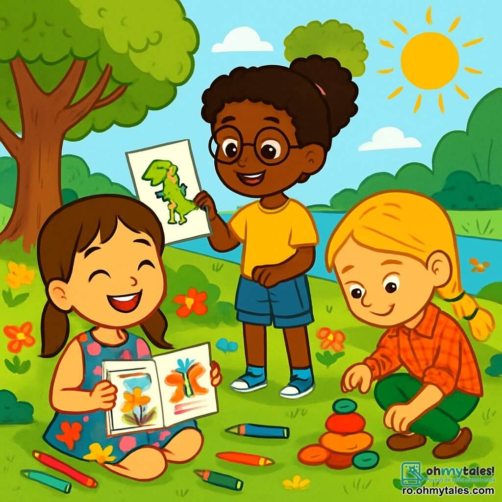Există 3 personaje: - Anisia: o fetiță de 8 ani cu părul brun împletit în două codițe, purtând o rochie cu flori colorate. Ea stă pe iarbă, zâmbind larg, ținând un carnet de desen. - Mara: o fetiță de 8 ani cu părul creț și ochelari rotunzi, îmbrăcată cu un tricou galben și o pereche de șorturi din denim. Ea stă în picioare lângă Anisia, desenând un dinozaur pe o foaie. - Ilinca: o fetiță de 8 ani cu părul blond împletit, purtând o cămașă cu carouri și o pereche de pantaloni verzi. Ea este așezată în fața unui mic morman de pietre colorate, examinându-le cu curiozitate. Locul este un parc verde, plin de flori strălucitoare și copaci impunători. Cerul este albastru cu câteva nori albi pufoși, iar un soare blând strălucește deasupra, iluminând scena. În depărtare, se vede un mic lac strălucitor, unde rațele înoată liniștit. Situația principală arată cele trei prietene în plină activitate creativă, râzând împreună în timp ce desenează și explorează mediul înconjurător. Ele sunt înconjurate de materialele lor de artă, cu creioane colorate împrăștiate în jurul lor, iar atmosfera este veselă și plină de energie estivală.