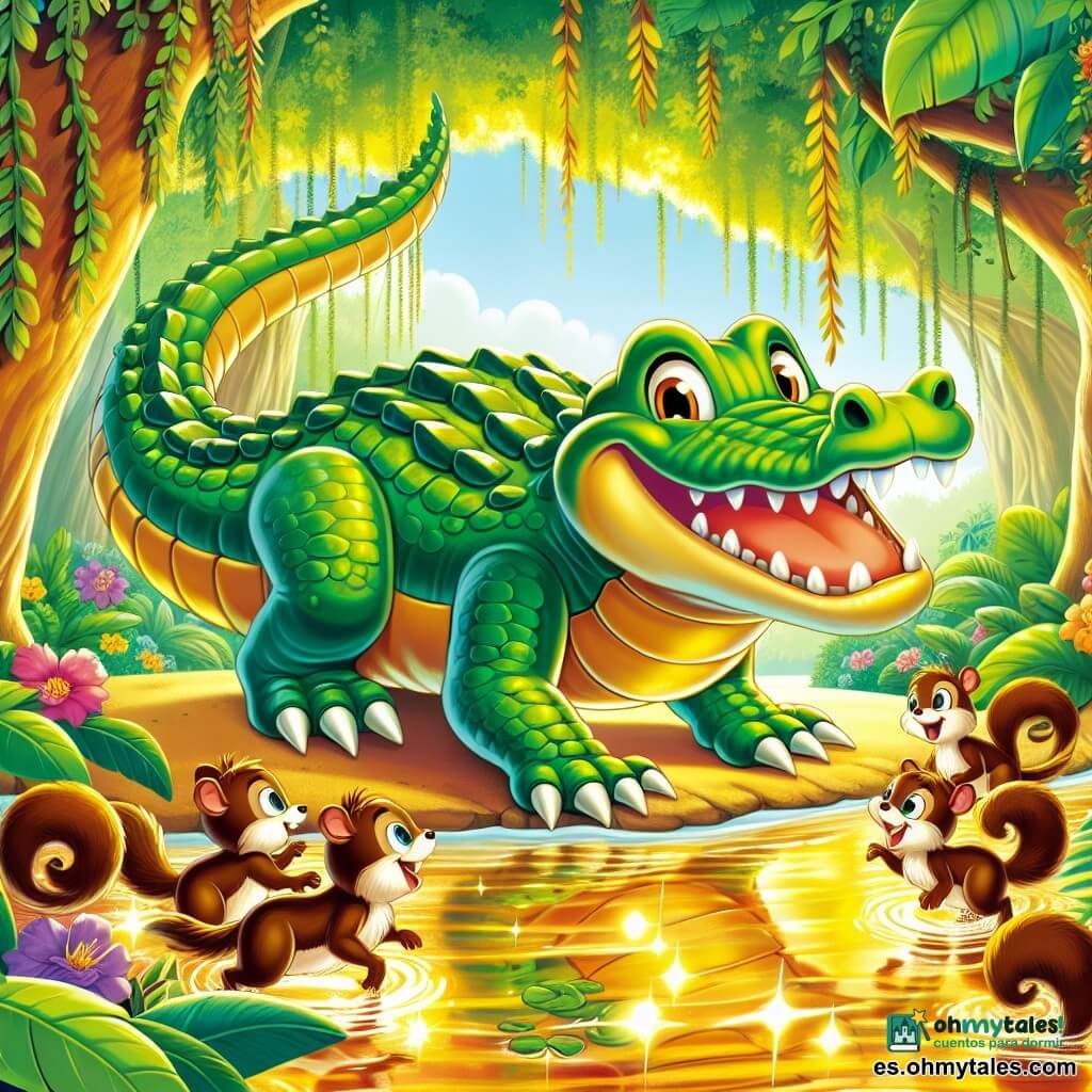 Un cocodrilo llamado Cosme, con una piel verde brillante y escamas relucientes, se encuentra al borde de un hermoso arroyo de aguas doradas, su mirada llena de emoción y curiosidad. Sonríe ampliamente, mostrando sus grandes dientes blancos, mientras observa los reflejos centelleantes del agua. Cerca de él, un grupo de ardillas pequeñas de pelaje marrón y ojos vivos se acerca, curiosas y alegres, saltando alrededor de Cosme, con sus colas en forma de penacho balanceándose. El escenario es una jungla exuberante, llena de majestuosos árboles de hojas verdes brillantes, flores coloridas y lianas colgantes, creando una atmósfera mágica y acogedora. La escena principal muestra a Cosme, el cocodrilo, listo para zambullirse en el agua dorada y explorar un mundo maravilloso, rodeado de sus nuevos amigos, las ardillas, que lo animan entusiastamente a descubrir los secretos de la jungla.